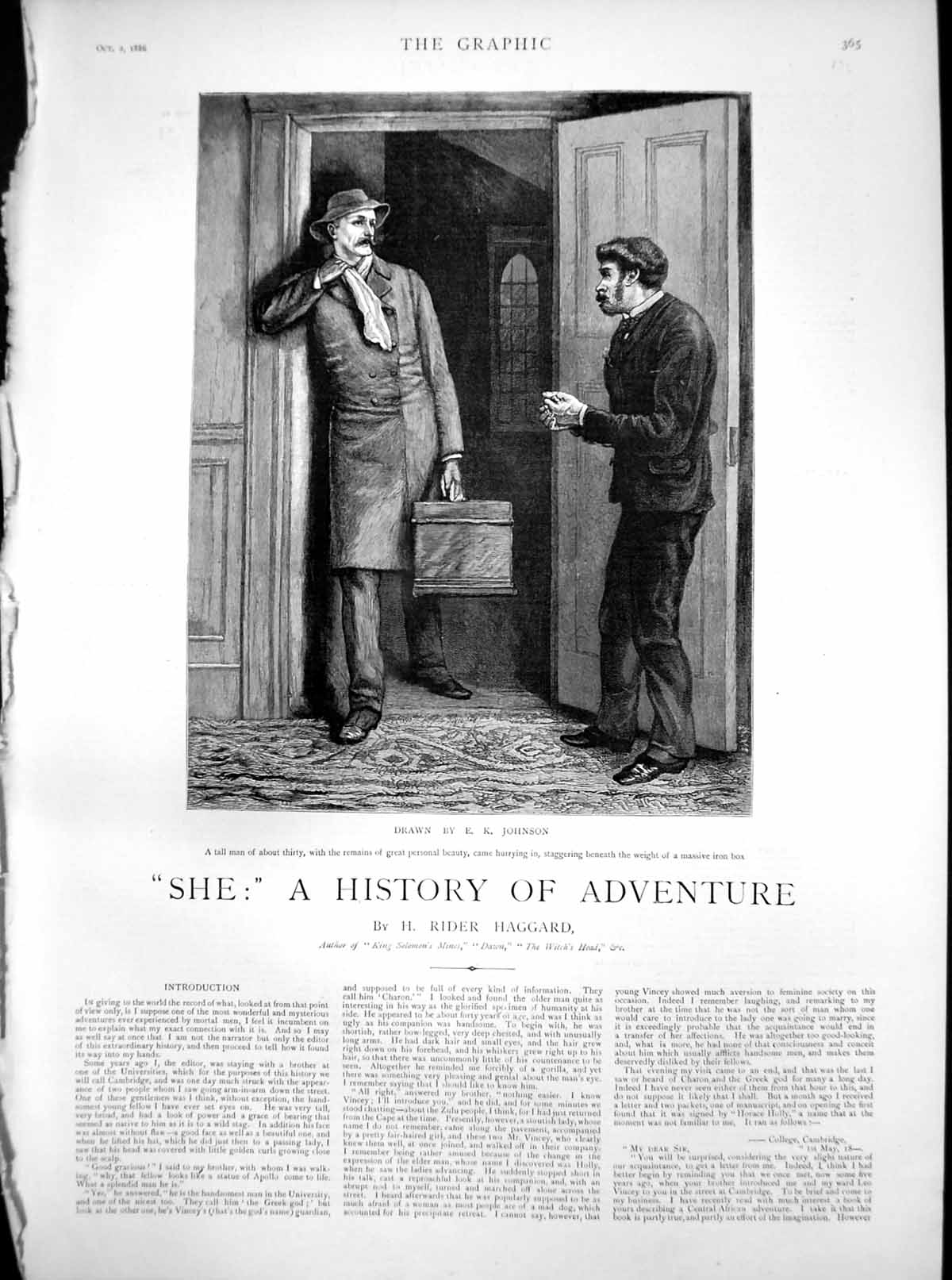 Original Old Antique Print She History Adventure Introduction Man Iron Box 1886
