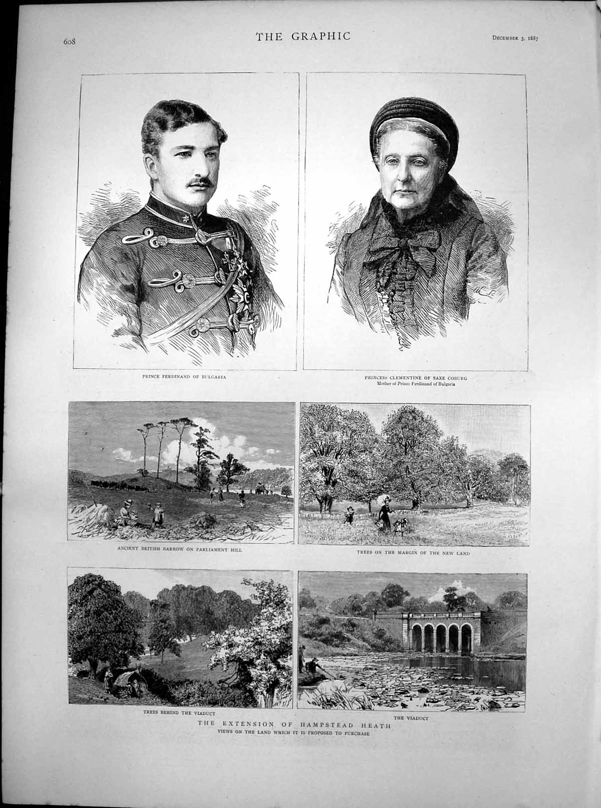 Antique Old Print Extension Hampstead Heath Prince Ferdinand Bulgaria 1887 19th