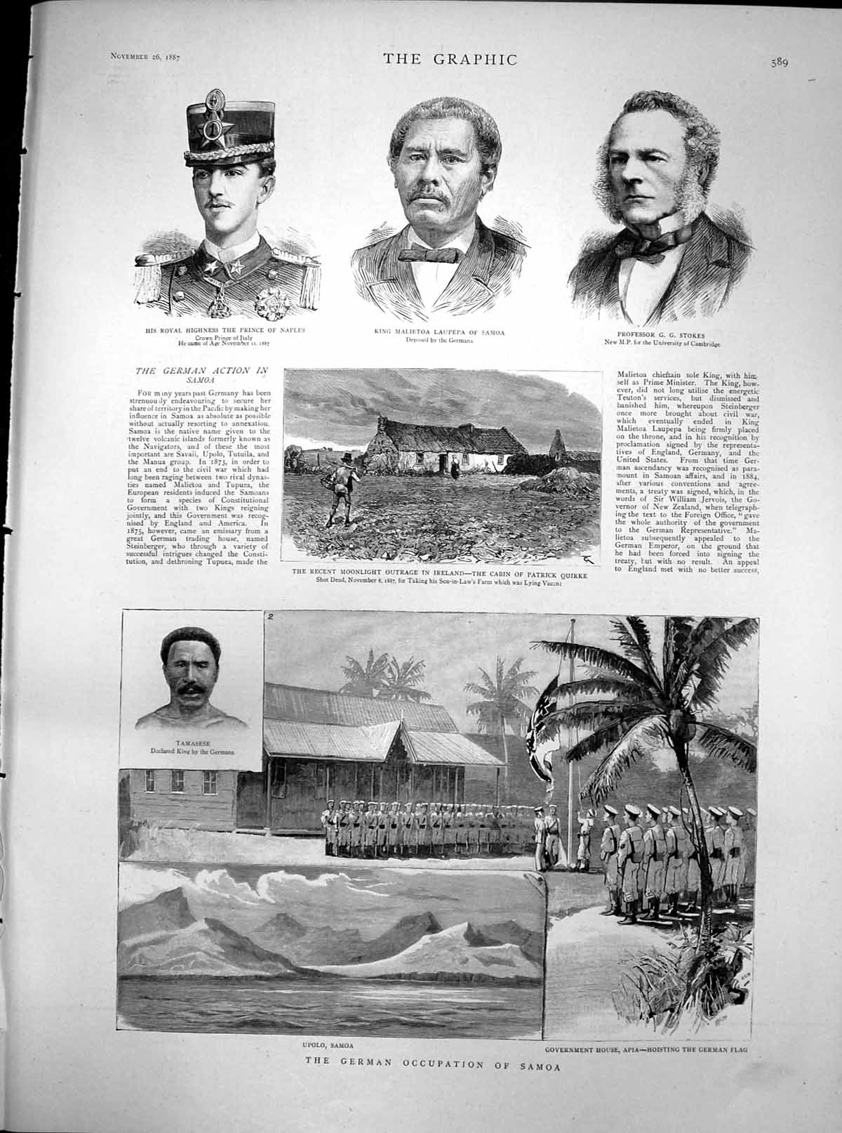 Old Antique Print German Occupation Samoa Moonlight Outrage Ireland 1887 19th