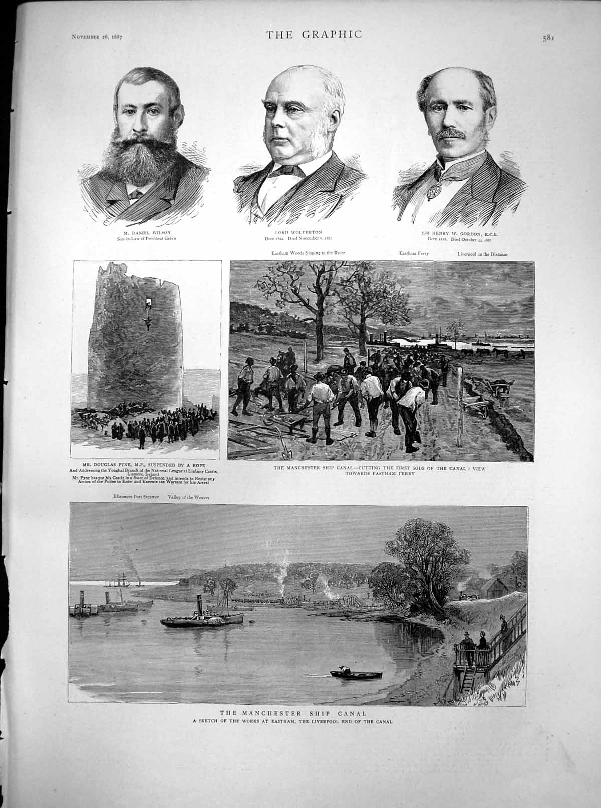 Antique Old Print Douglas Pyne Mp Lismore Ireland Manchester Ship Canal 1887