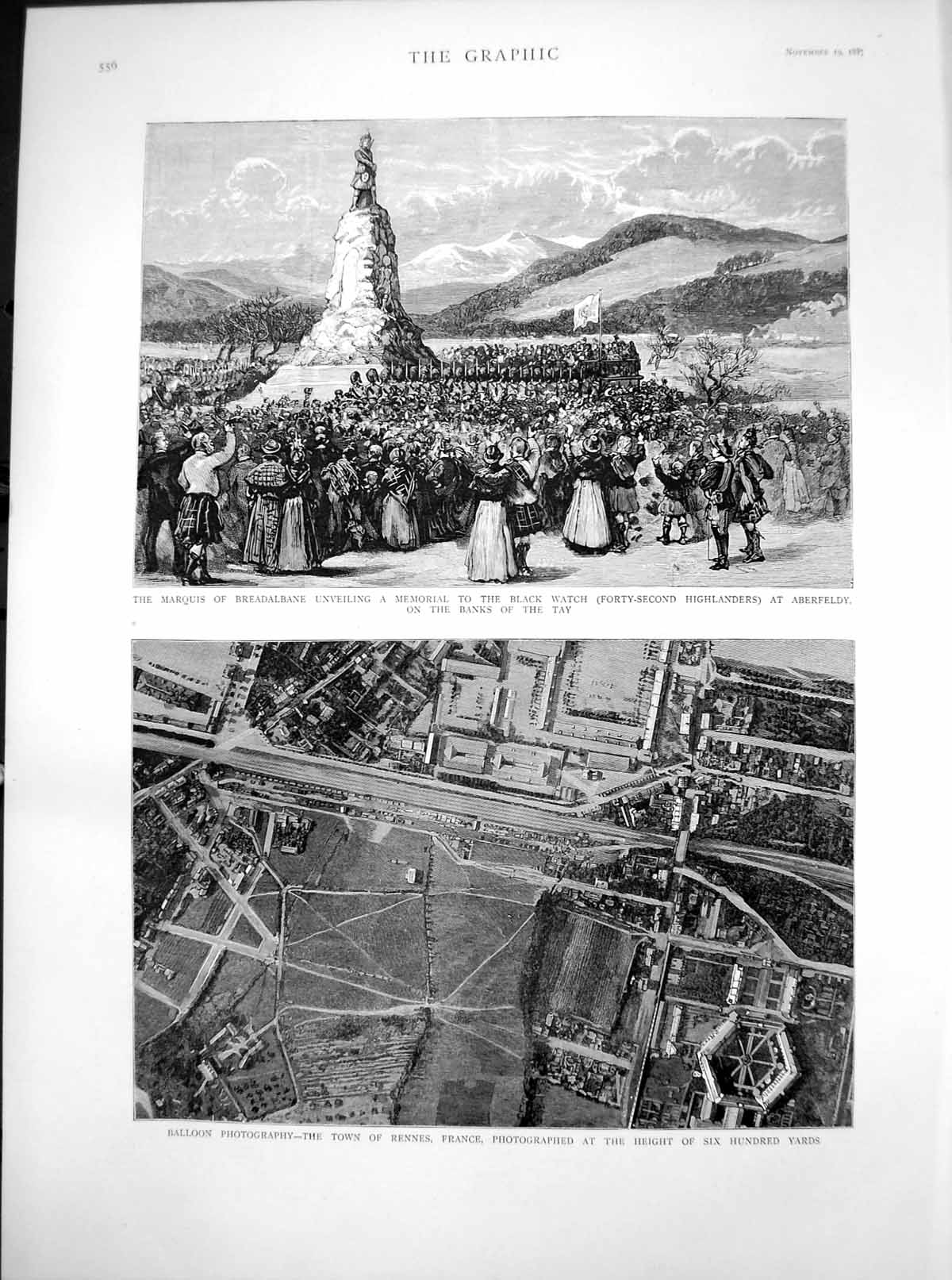 Antique Old Print Rennes Photo Balloon Memorial Black Watch Aberfeldy 1887 19th