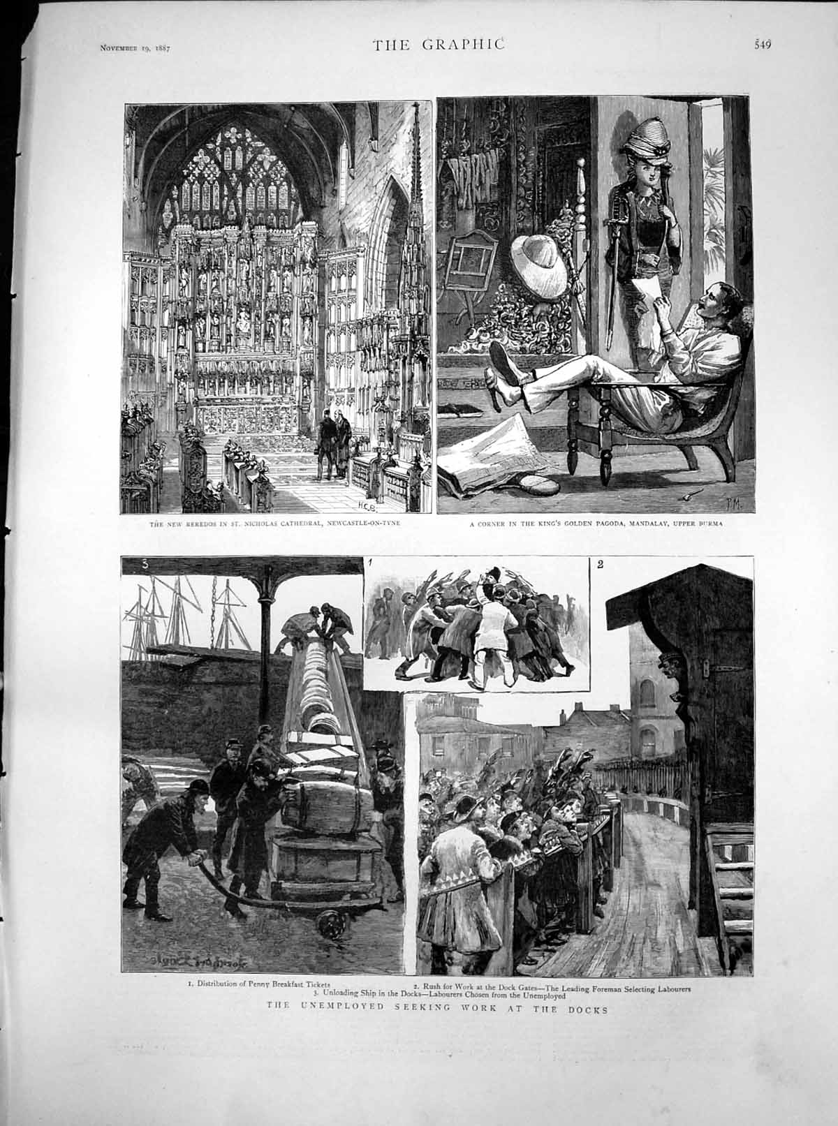 Old Antique Print St Nicholas Cathedral Newcastle Seeking Work Docks 1887 19th