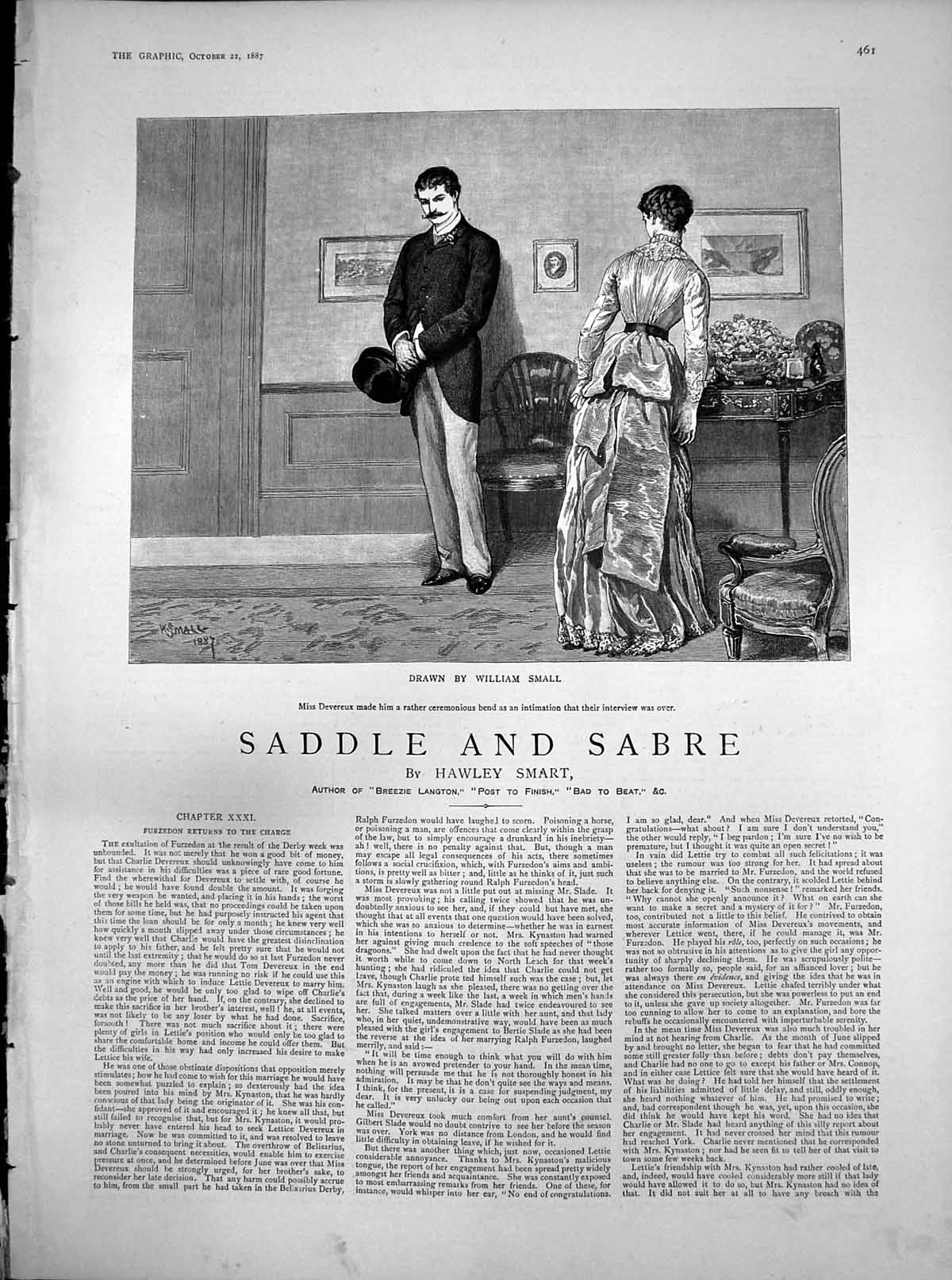 Old Antique Print Saddle Sabre Furzedon Returns Charge Miss Devereux 1887 19th