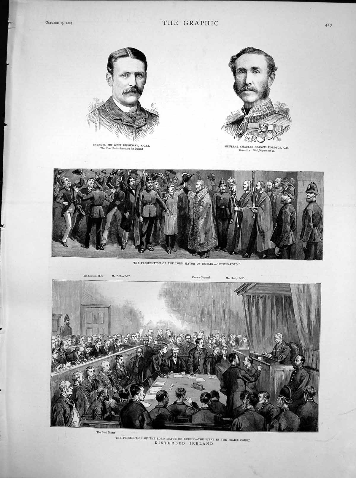 Antique Old Print Disturbed Ireland Prosecution Lord Mayor Dublin Court 1887
