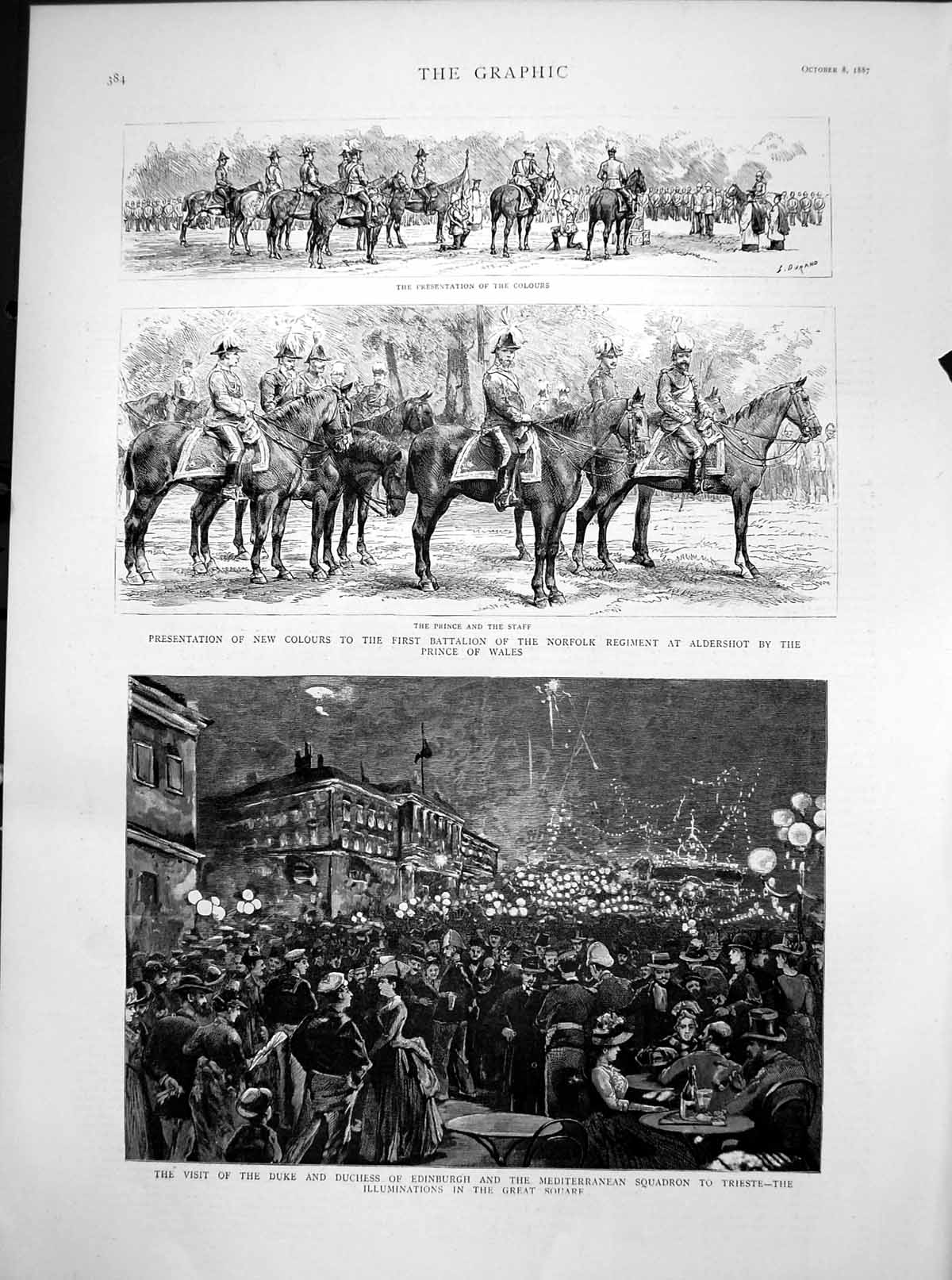 Antique Old Print New Colours Norfolk Regiment Duke Edinburgh Trieste 1887 19th