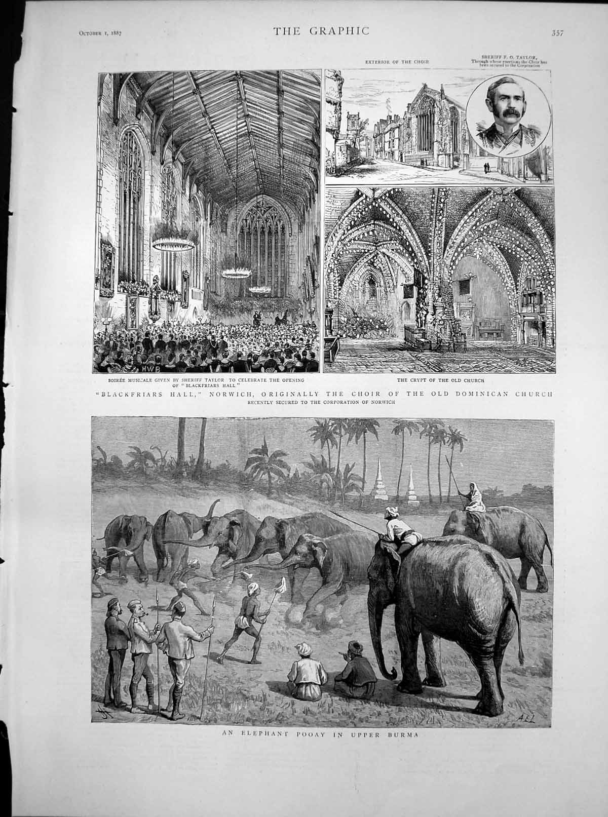 Antique Old Print Elephant Pooay Upper Burma Blackfriars Hall Norwich 1887 19th