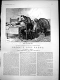 Antique Old Print Saddle Sabre Charlies Summoned Town Man Writing Sheet 1887