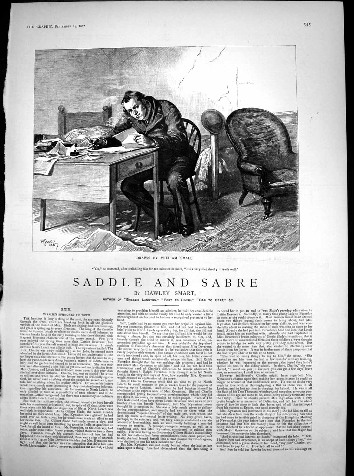 Antique Old Print Saddle Sabre Charlies Summoned Town Man Writing Sheet 1887