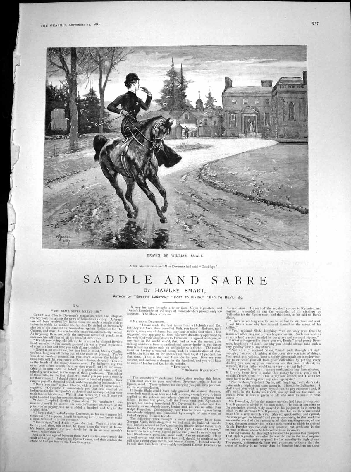 Old Print Saddle Sabre You Shall Never Marry Him Miss Devereux Horse 1887 19th