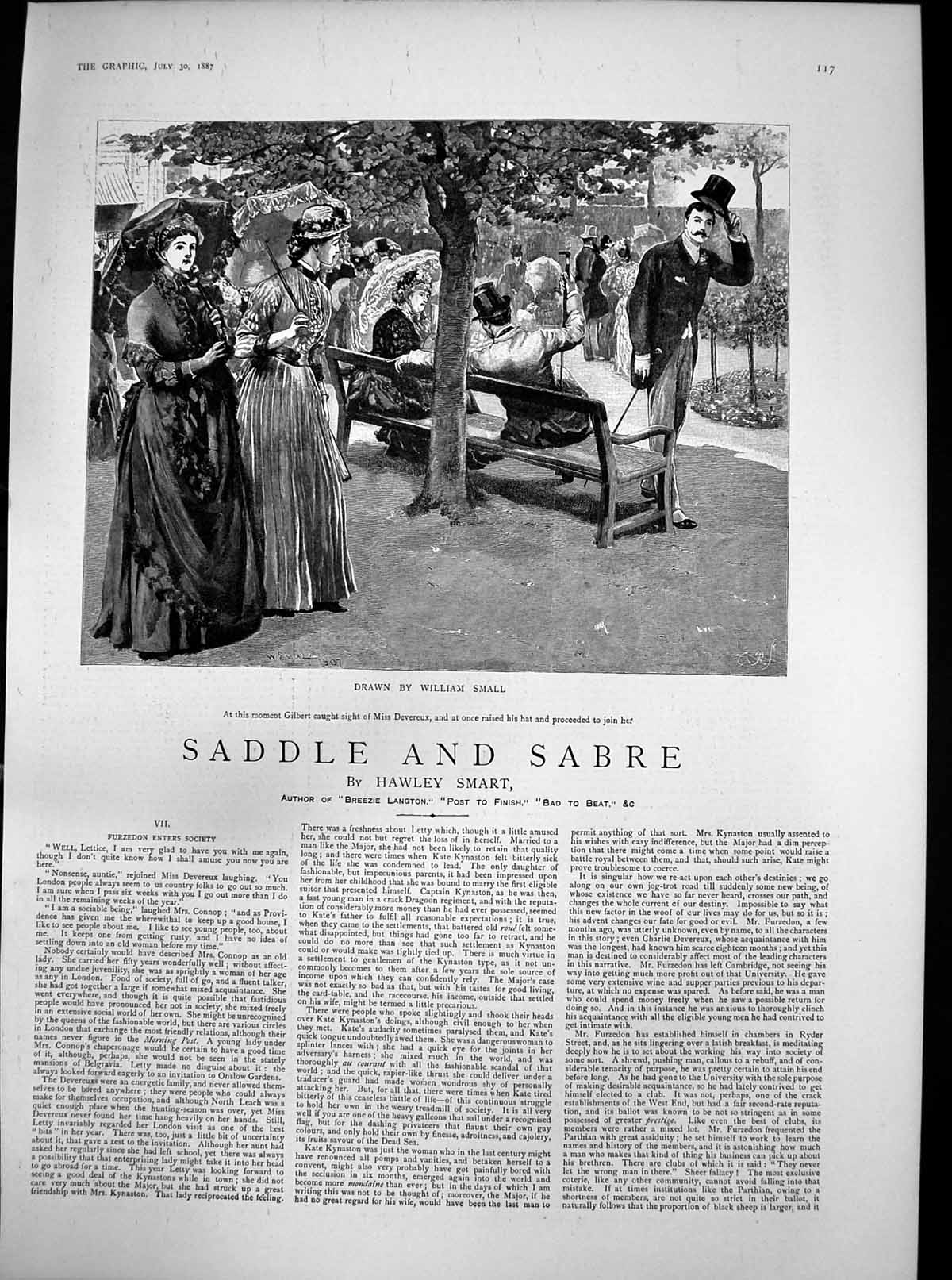 Old Print Saddle Sabre Furzedon Enters Society Gilbert Miss Devereux 1887 19th