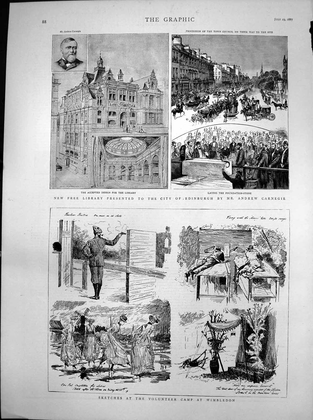 Antique Old Print Volunteer Camp Wimbledon Library Edinburgh A Carnegie 1887