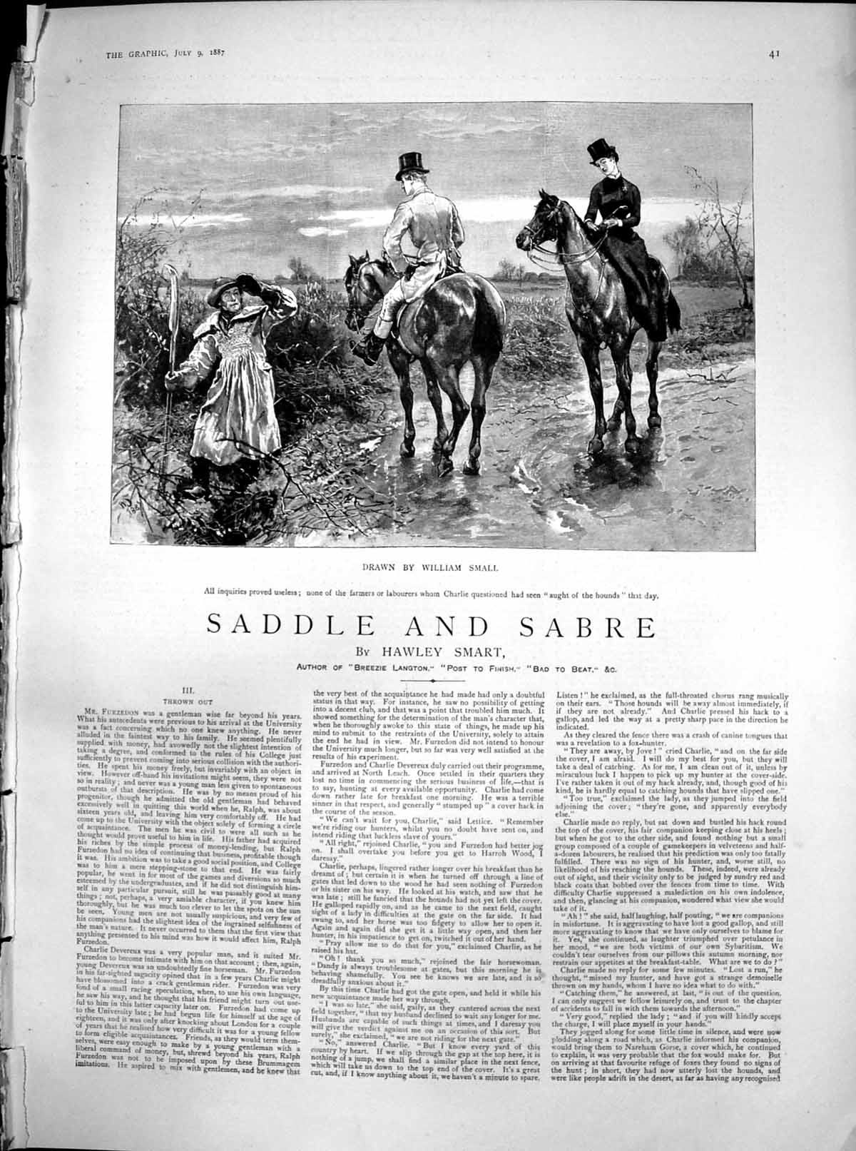 Old Antique Print Saddle Sabre Thrown Out Charlie Asks Farmer Hounds 1887 19th