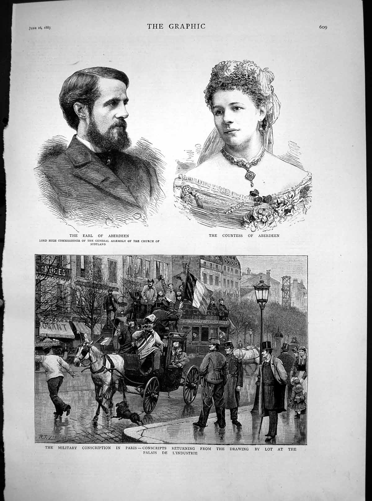 Old Antique Print Earl Countess Aberdeen Military Conscription Paris 1883 19th
