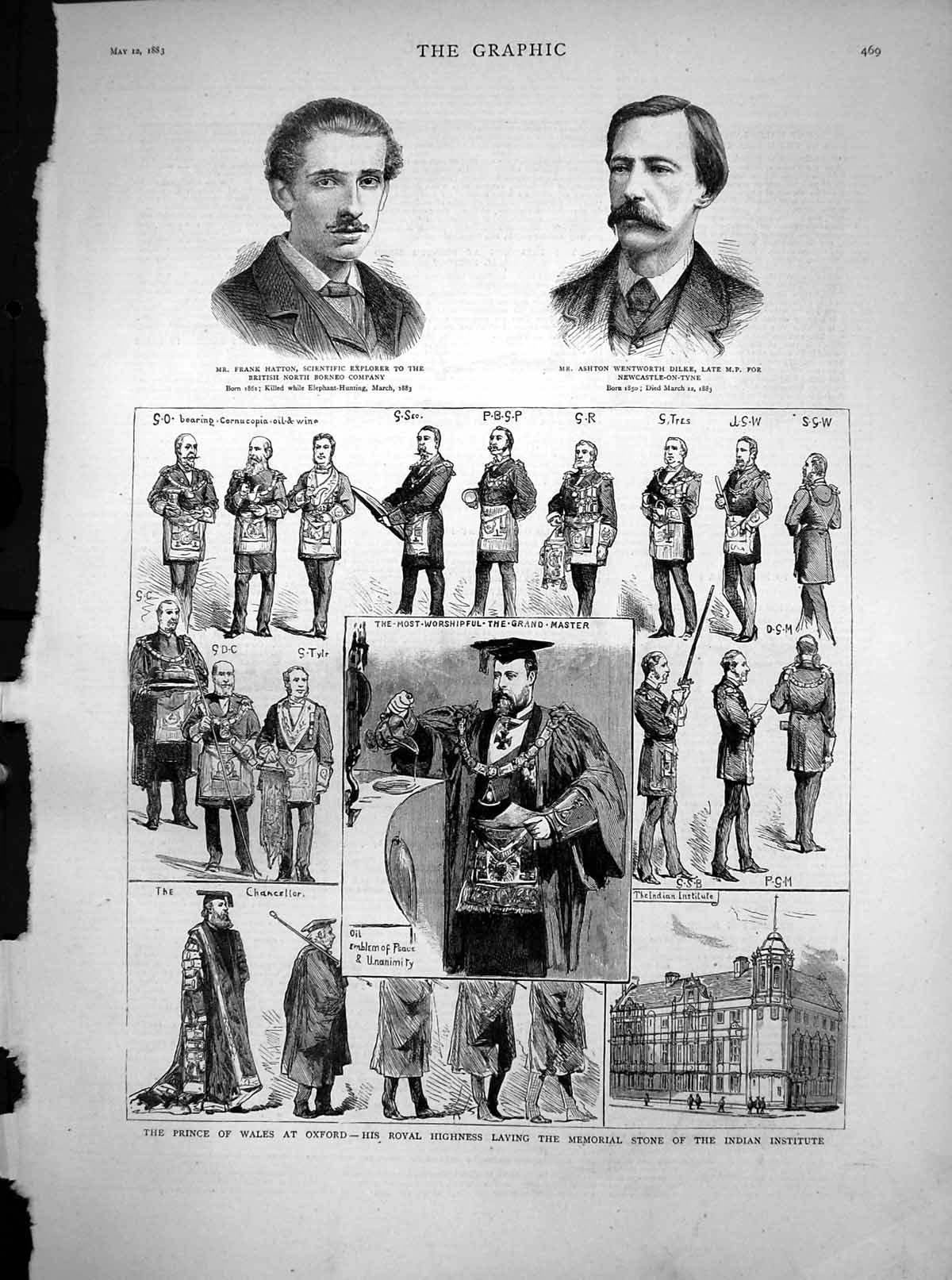 Old Print Ashton Dilke Mp Prince Wales Oxford Stone Indian Institute 1883 19th