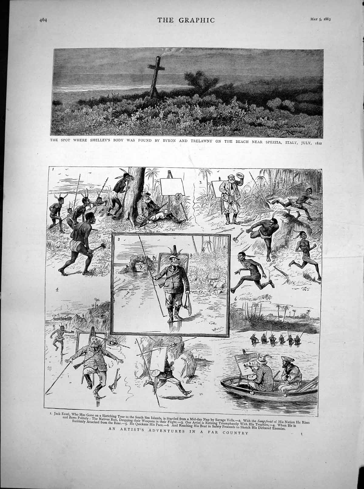 Old Print Artist South Sea Islands Spot Shelleys Body Spezzia Italy 1883 19th