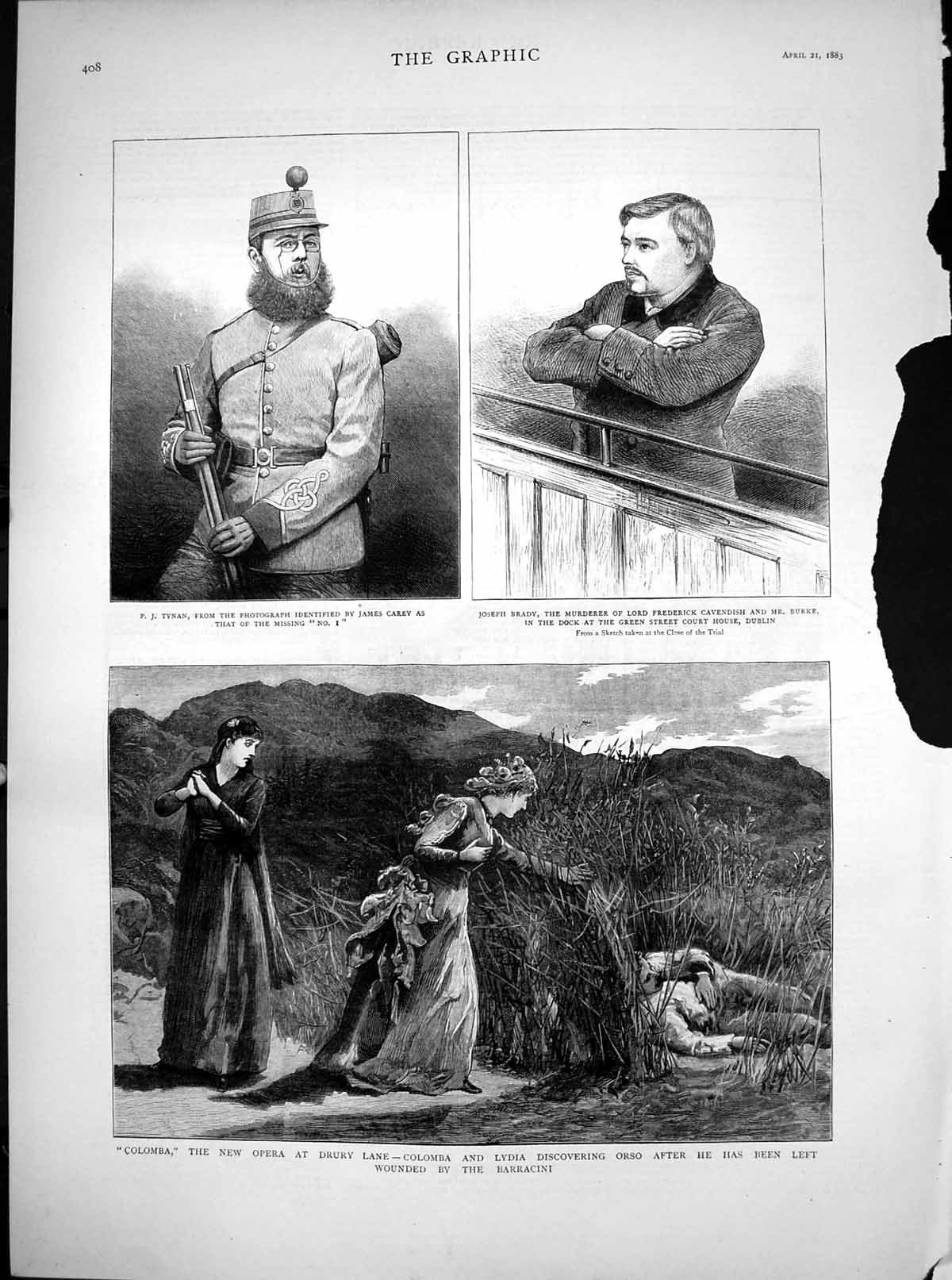 Antique Old Print Joseph Brady Murderer Dublin Colomba Drury Lane Orso 1883