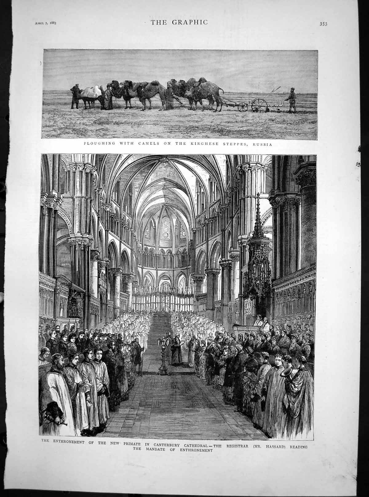 Antique Print Ploughing Camels Russia Enthronement Primate Canterbury 1883 19th
