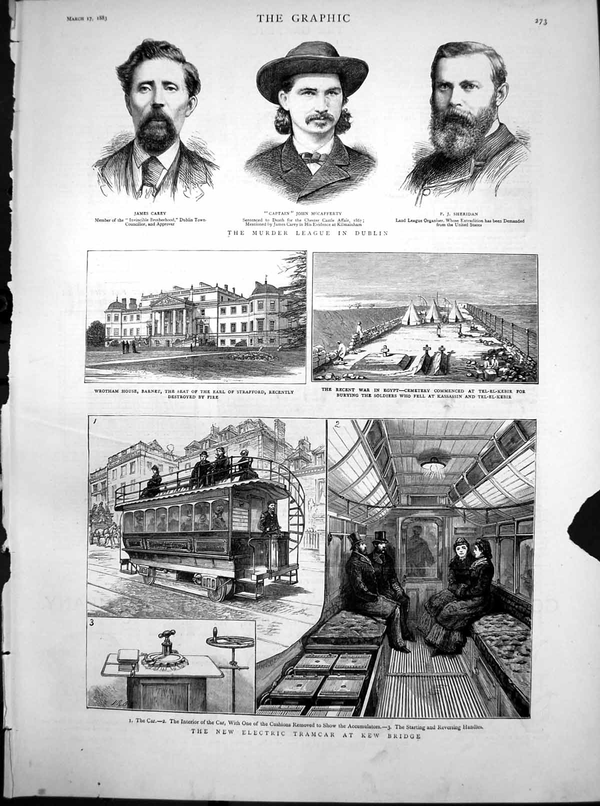 Old Antique Print Murder League Dublin Electric Tramcar Kew Bridge 1883 19th