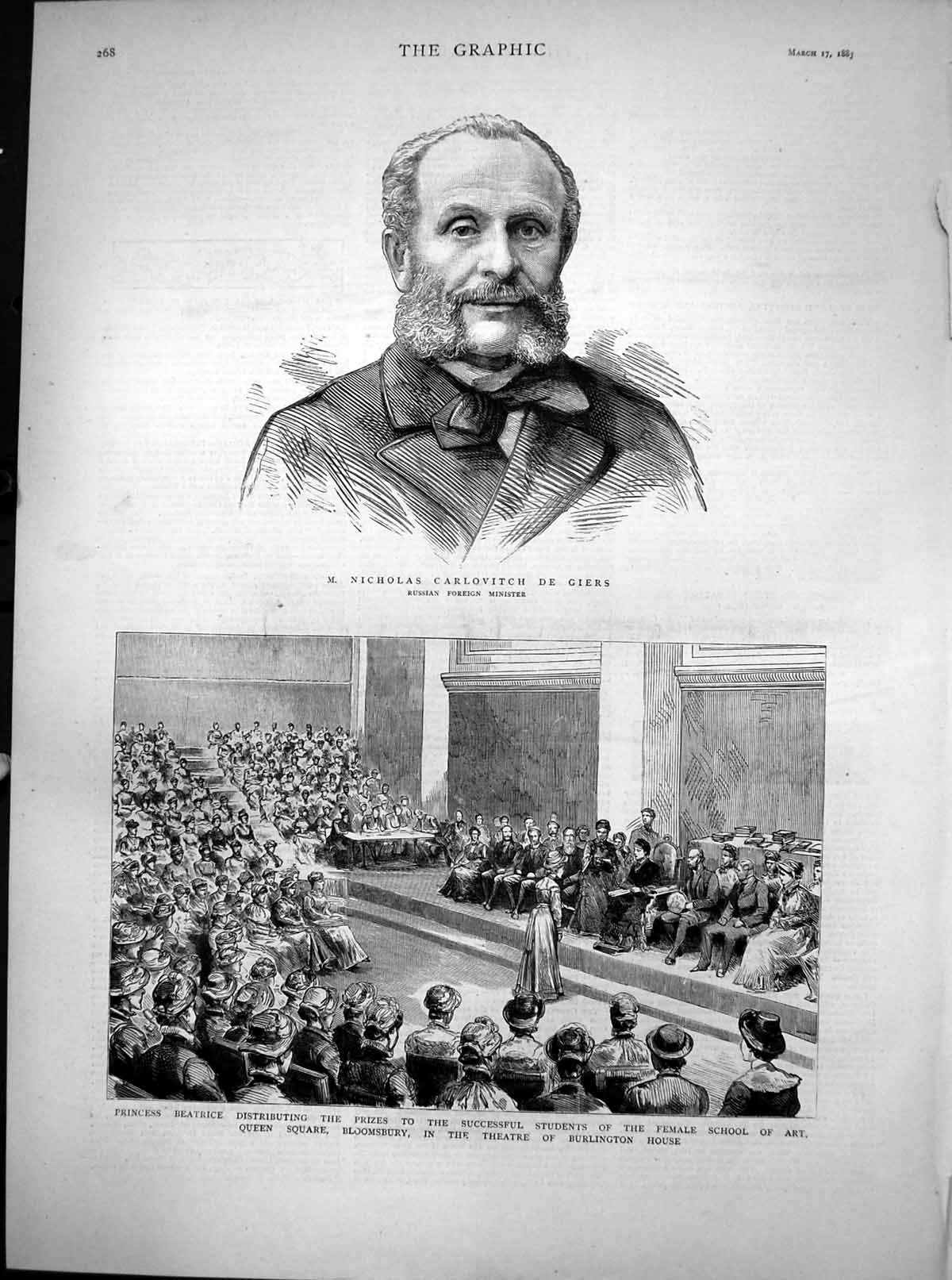 Old Print Nicholas Carlovitch De Giers Princess Beatrice School Art 1883 19th