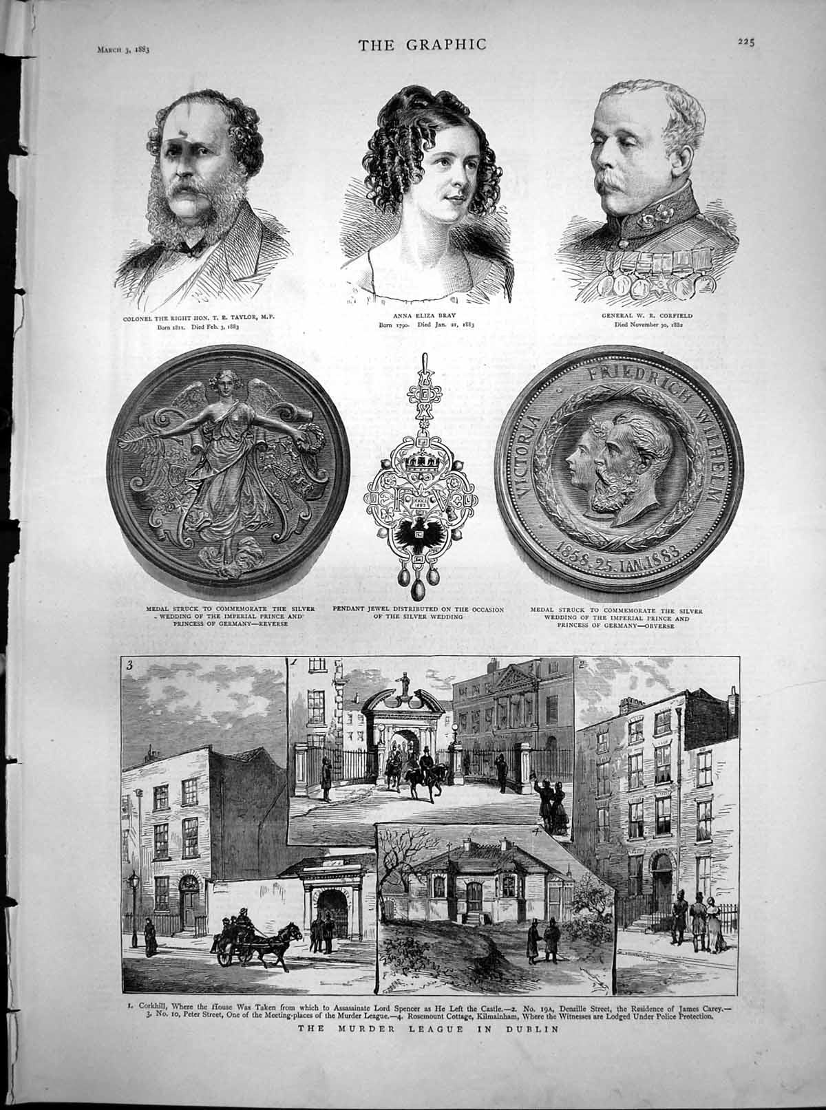Old Print Medas Silver Wedding German Imperials Murder League Dublin1883 19th