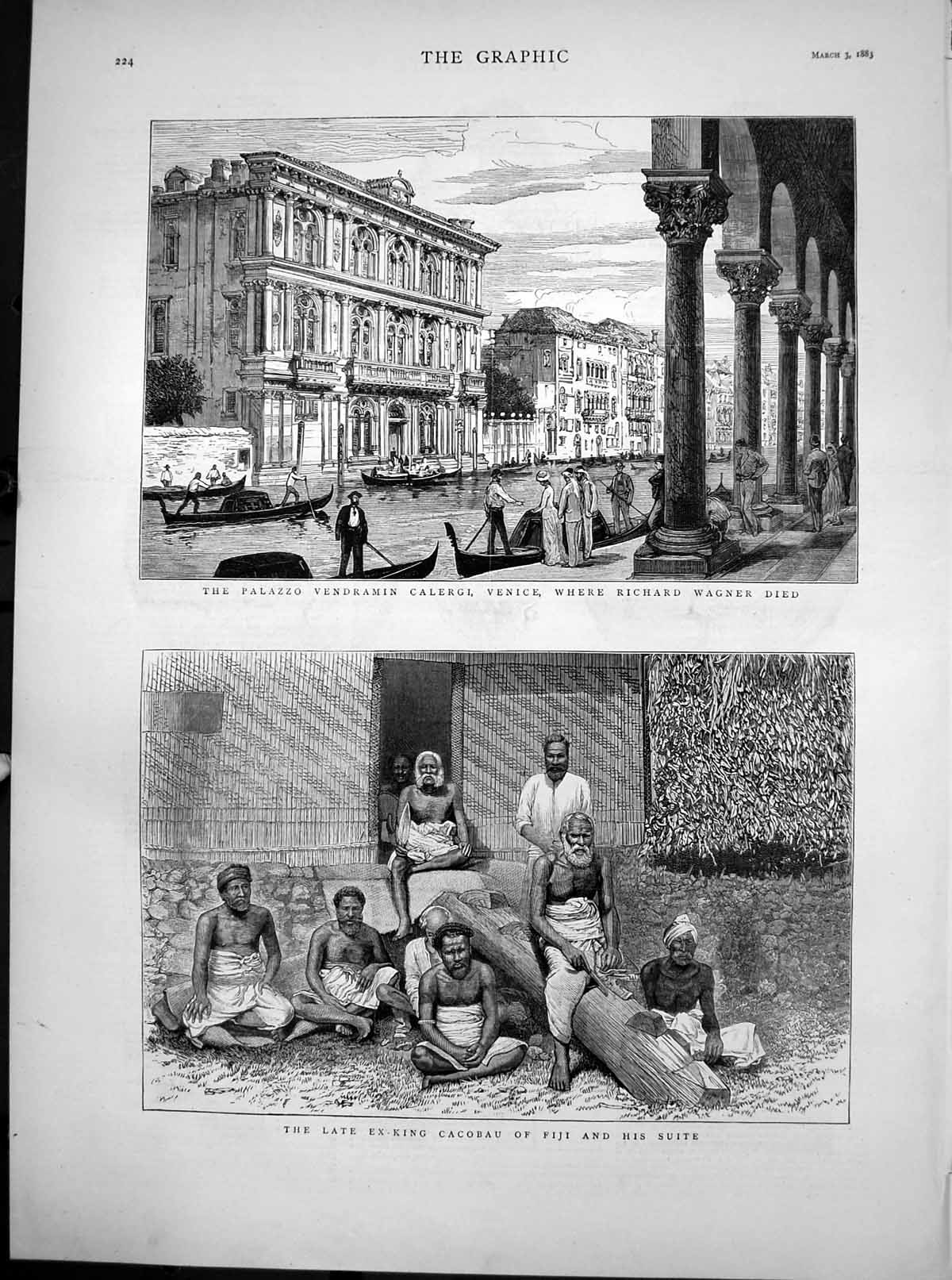 Antique Old Print Ex King Cacobau Fiji Palazzo Vendramin Calergi Venice 1883