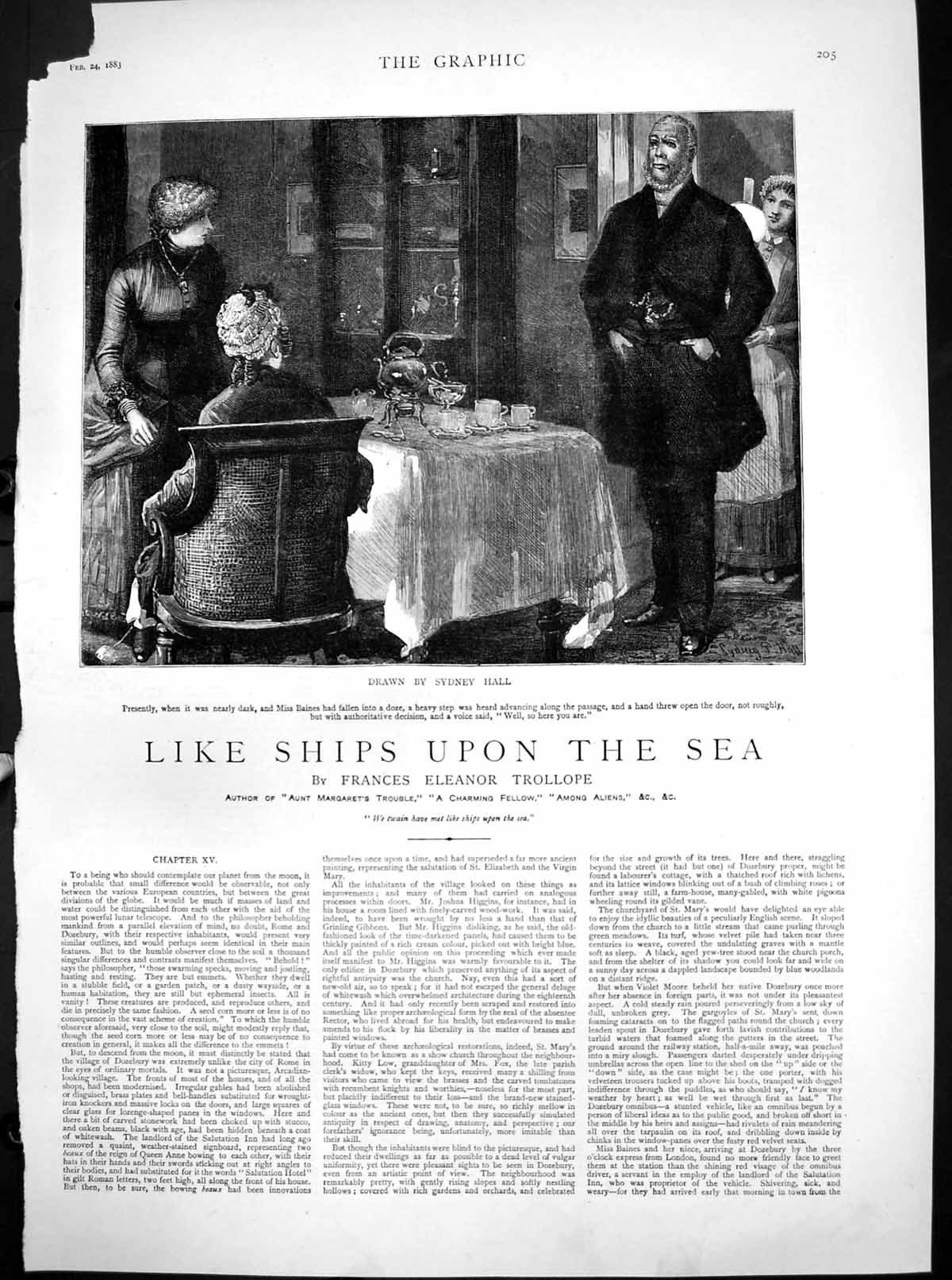Antique Old Print Like Ships Upon Sea Miss Baines Asleep Man Enters Door 1883