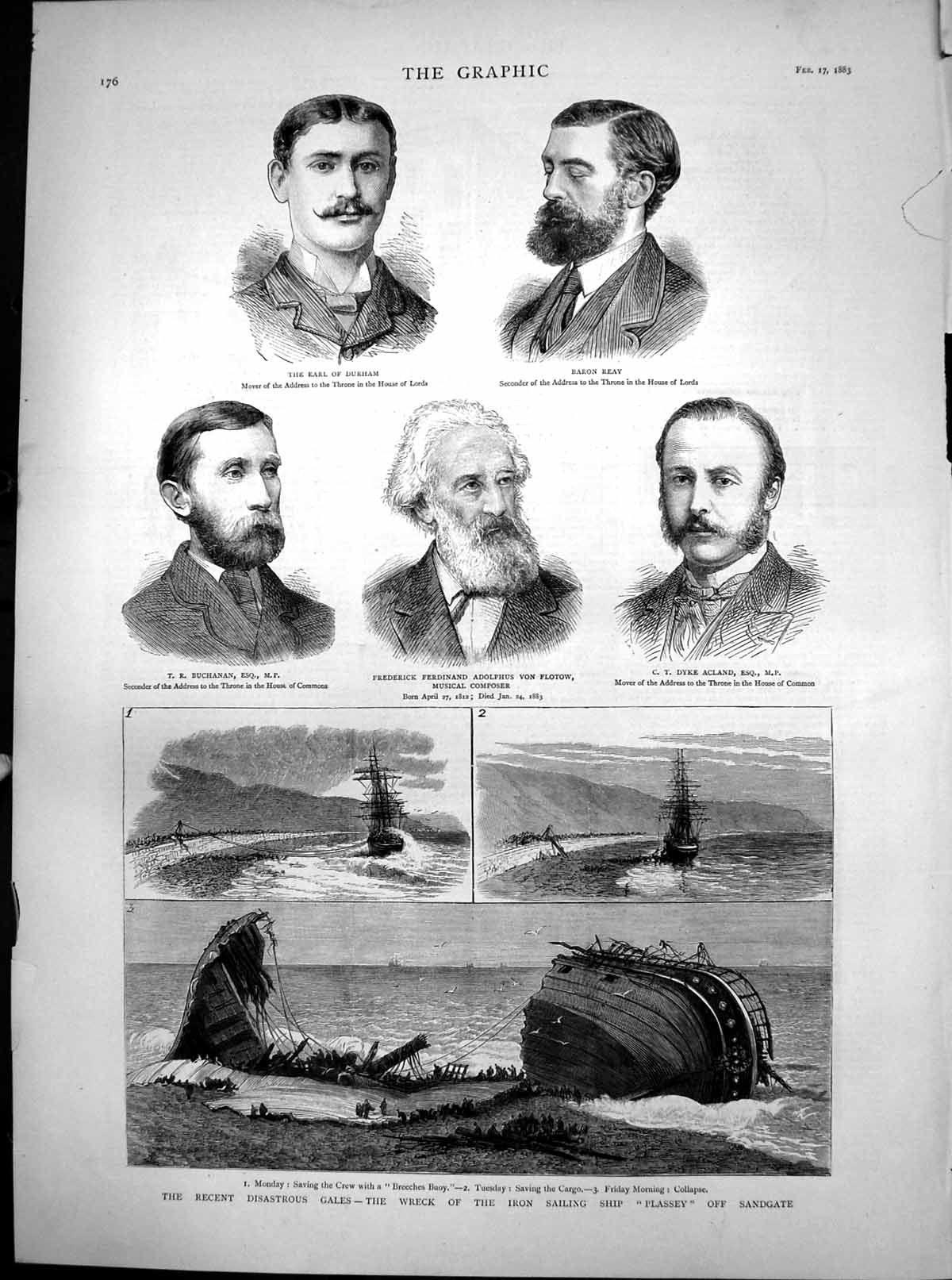 Antique Print Wreck Ship Plassey Gales Sandgate Earl Durham Baron Reay 1883
