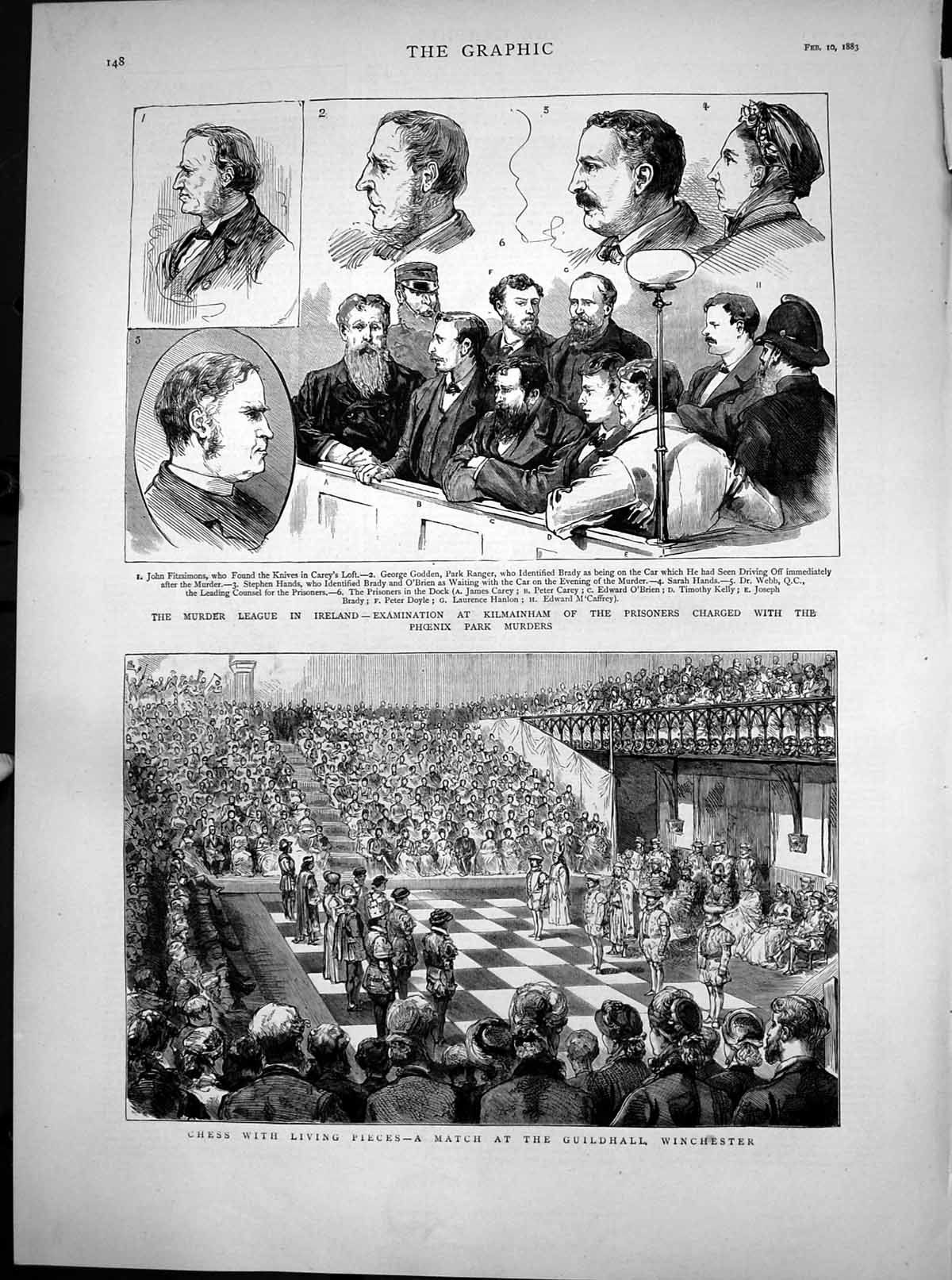 Antique Old Print Chess Living Pieces Guildhall Murder League Ireland 1883 19th