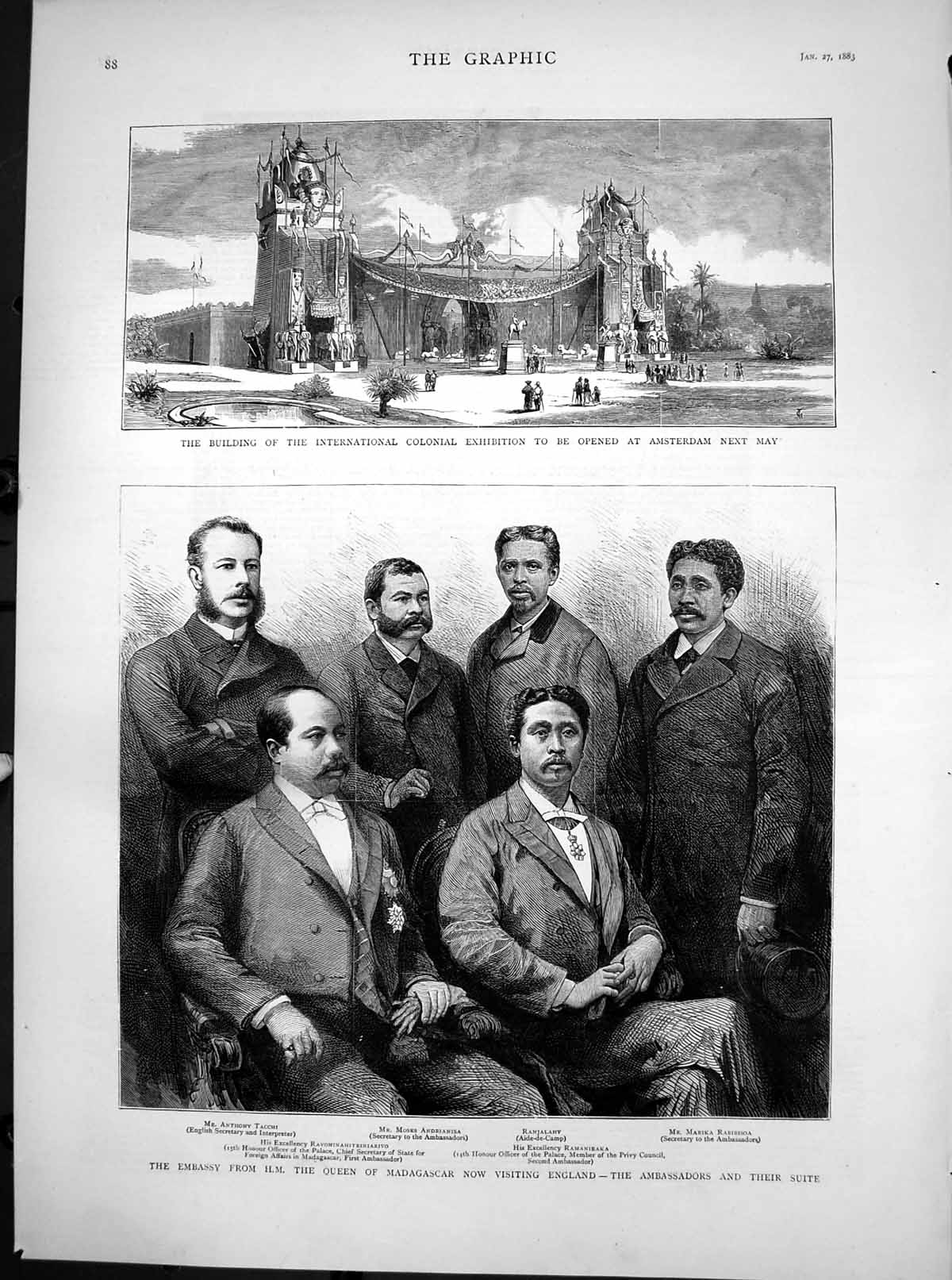 Antique Old Print Colonial Exhibition Amsterdam Ambassadors Madagascar 1883