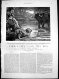 Old Antique Print Like Ships Upon Sea Men Pool Water Muzzled Buffalo 1883 19th