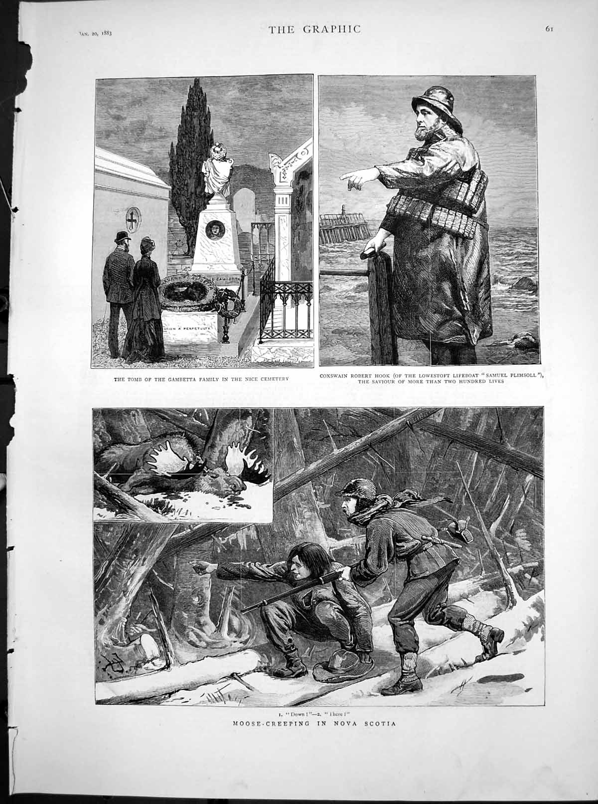 Antique Old Print Moose Creeping Nova Scotia Tomb Gambetta Family Nice 1883