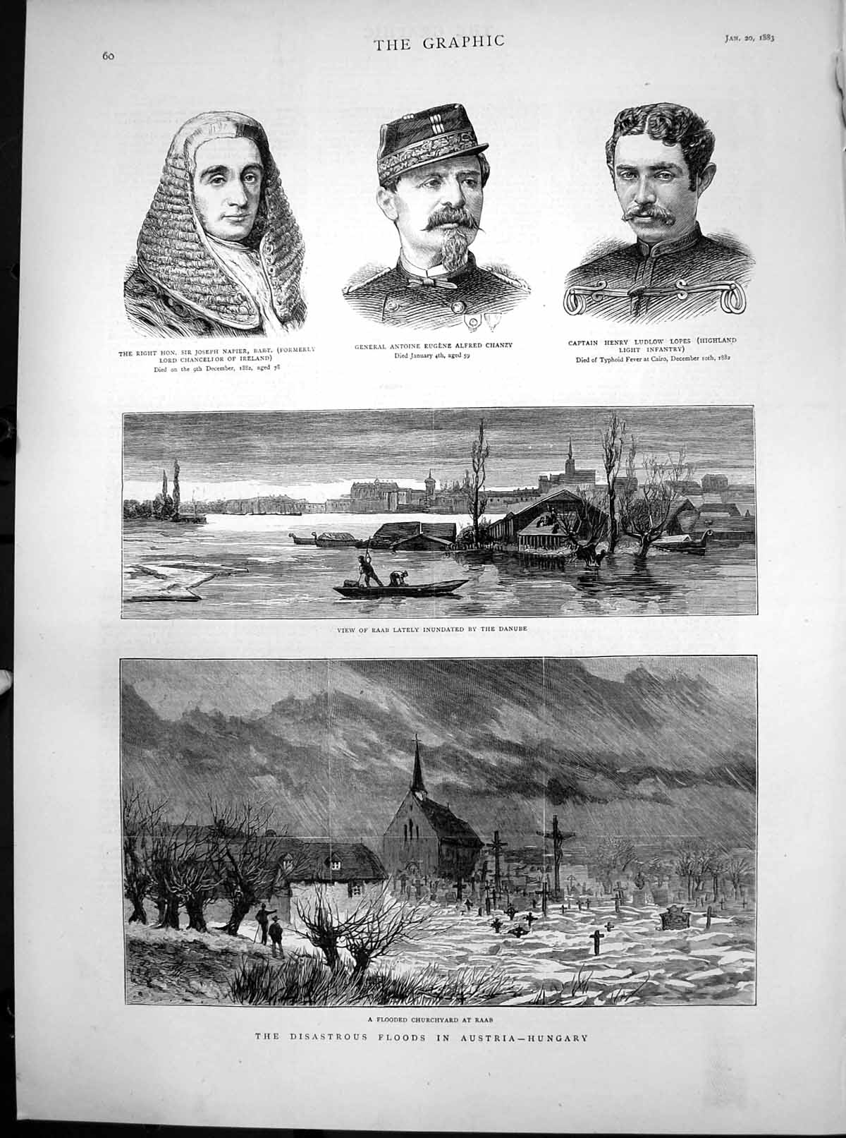 Antique Old Print Floods Austria Hungary Churchyard Raab Flooded Danube 1883