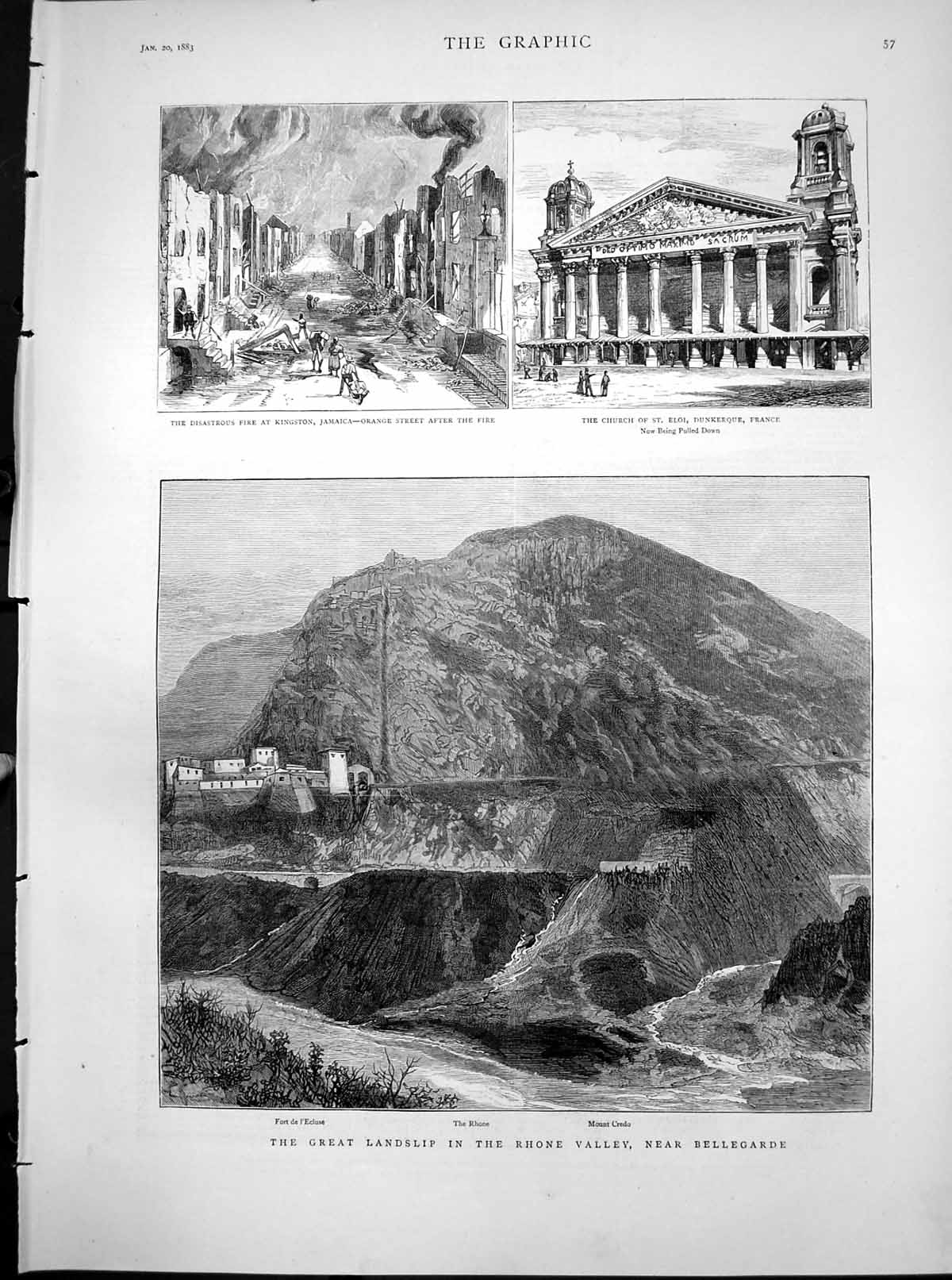 Antique Old Print Fire Kingston Jamaica Landslip Rhone Valley Bellegarde 1883
