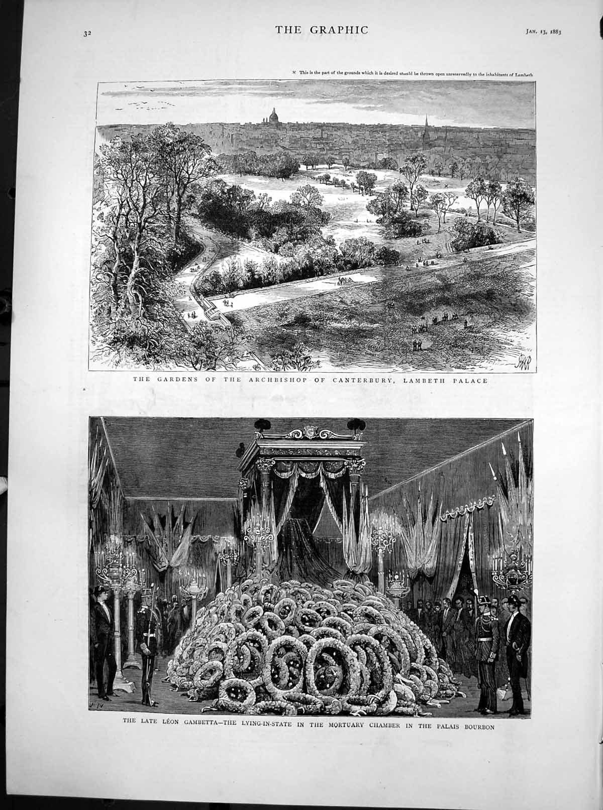Antique Print Gardens Lambeth Palace Leon Gambetta Body Palais Bourbon1883 19th