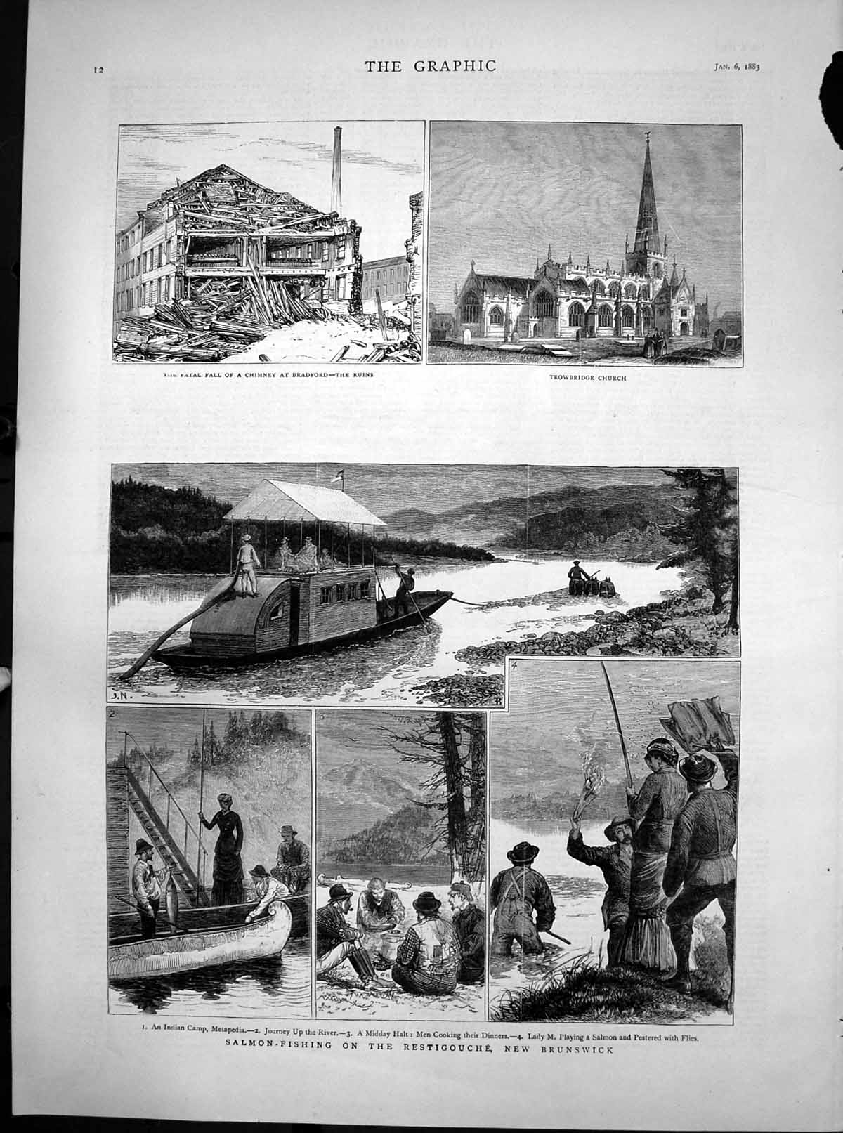 Original Old Antique Print Trowbridge Church Salmon Fishing New Brunswick 1883
