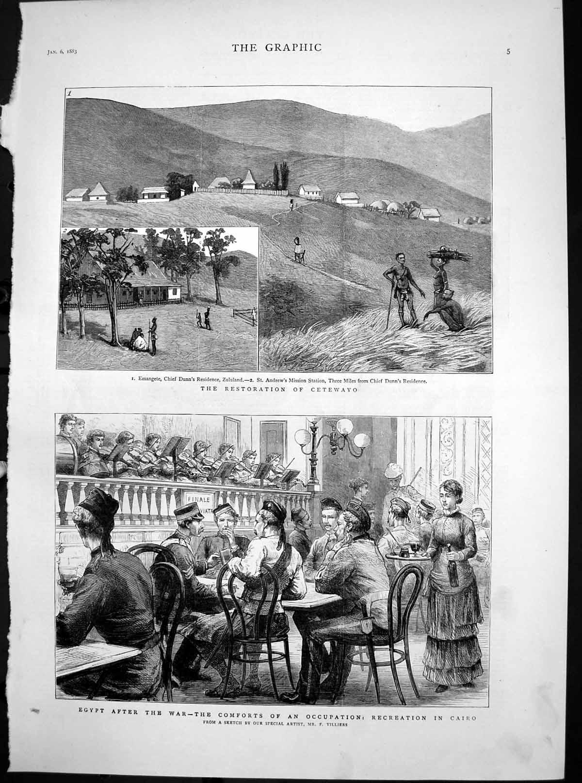 Antique Old Print Restoration Cetewayo Dunn Egypt After War Recreation 1883