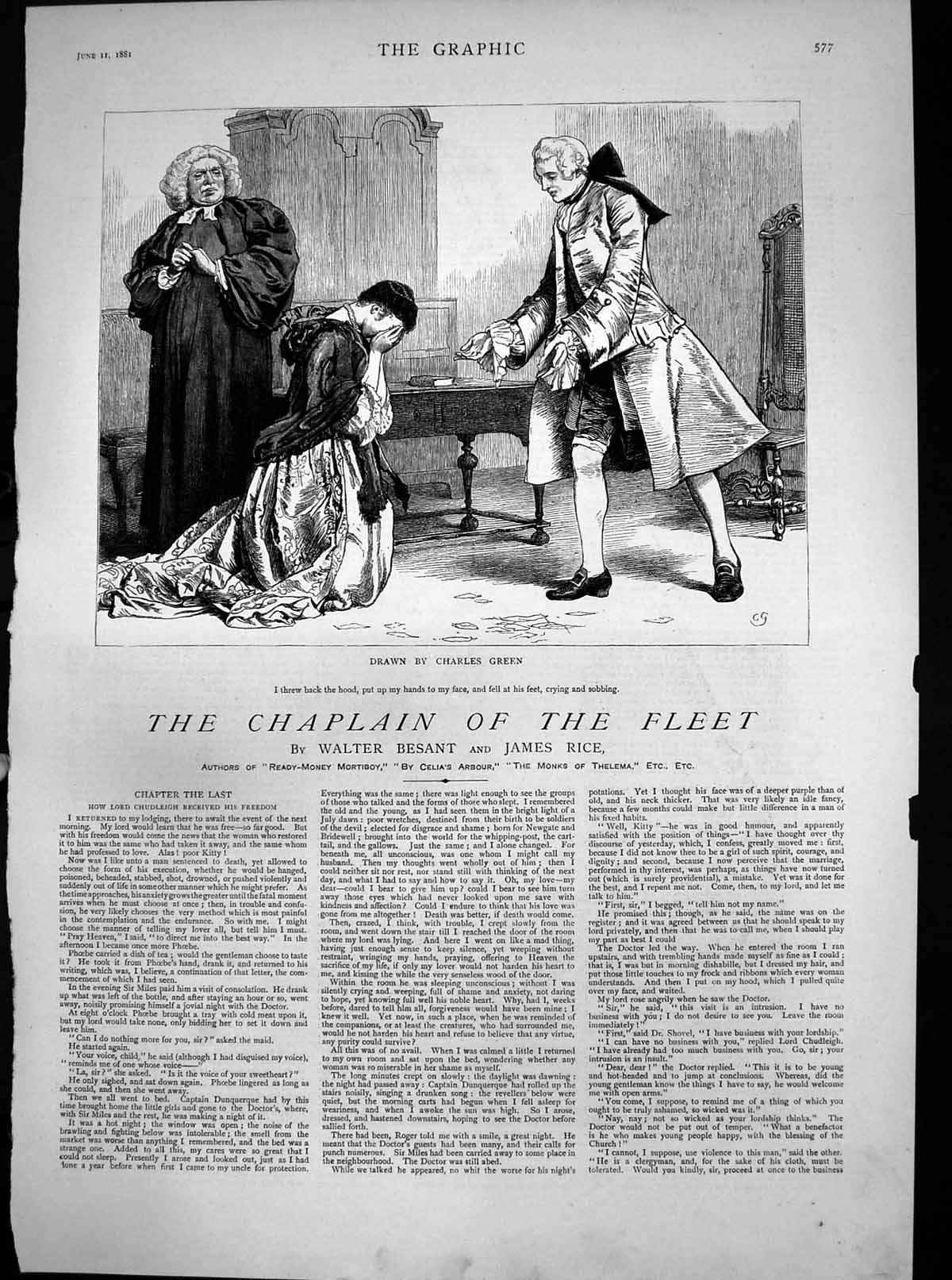 Antique Old Print Chaplain Fleet Lord Chudleigh Received Freedom Crying 1881
