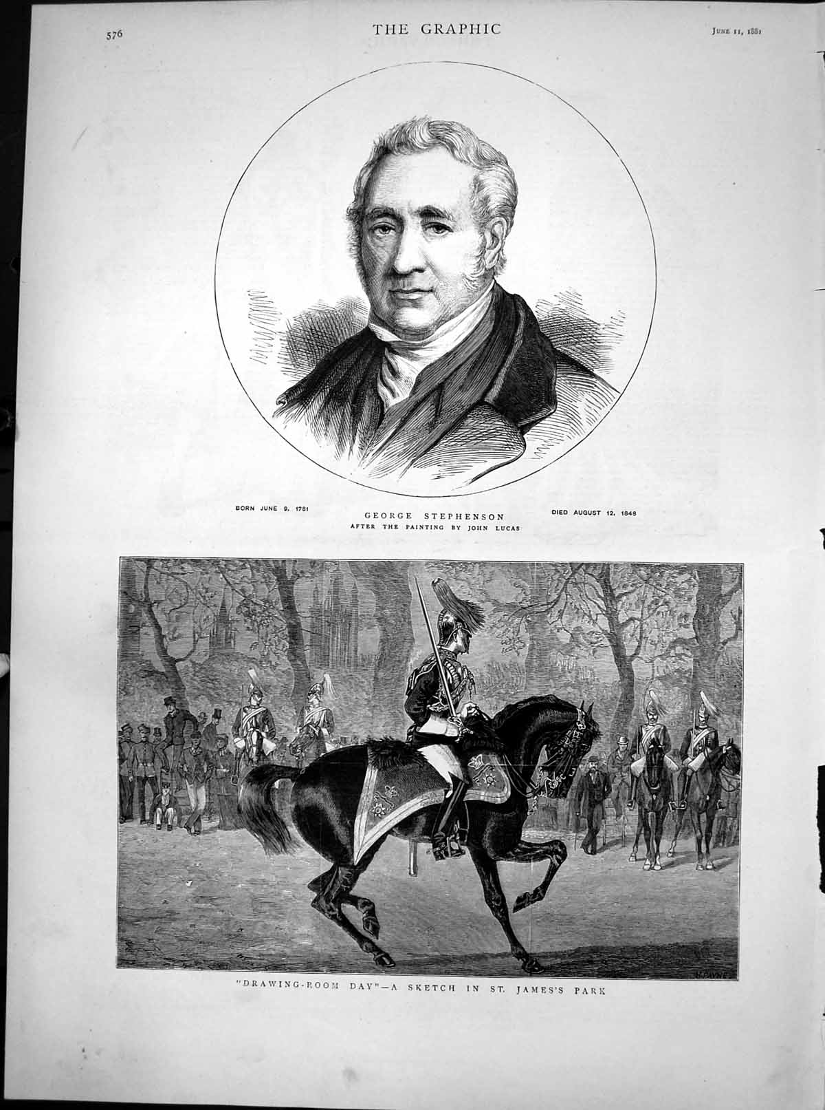 Antique Old Print George Stephenson Drawing Room Day Horse St James Park 1881