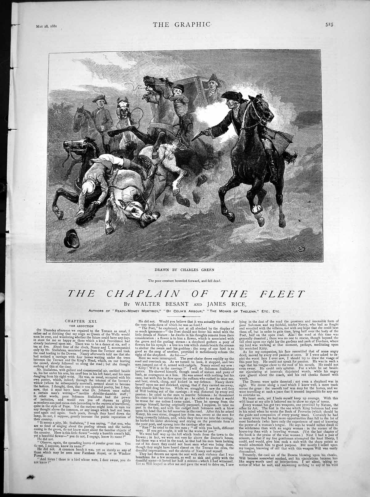 Antique Print Chaplain Fleet Abduction Horse Bounded Forward Fell Dead 1881