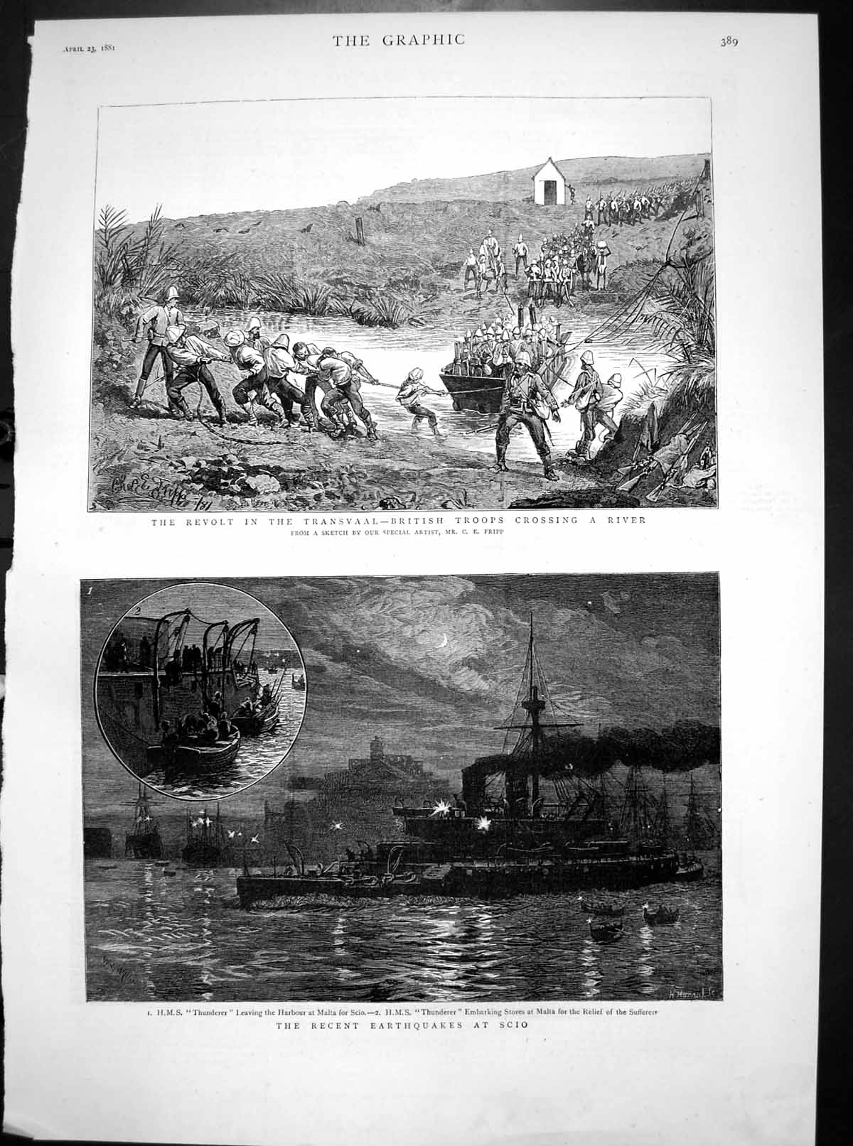 Antique Old Print Revolt Transvaal Troops Earthquakes Scio Hms Thunderer 1881