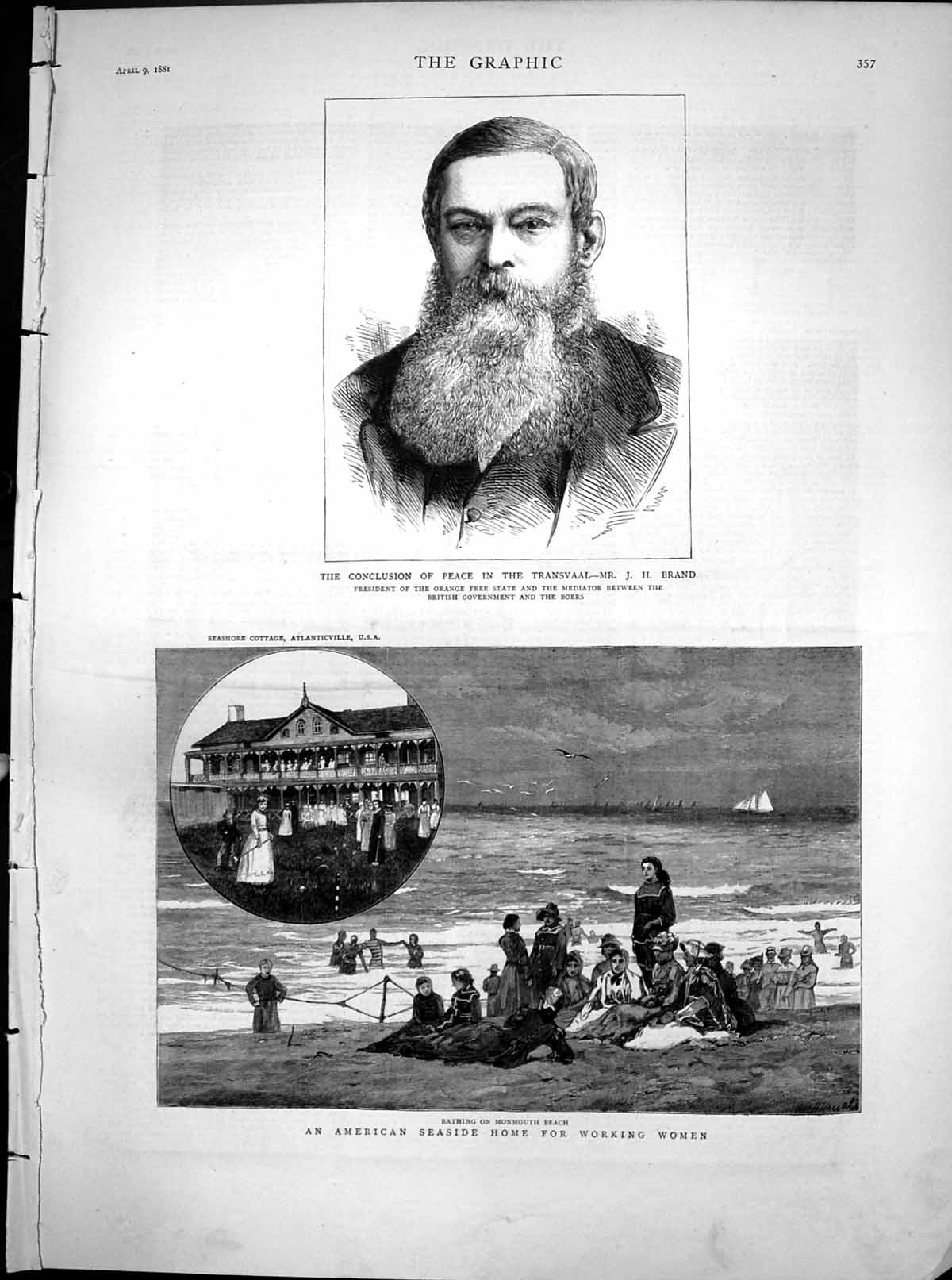 Antique Old Print American Seaside Home Women J Brand Peace Transvaal 1881 19th