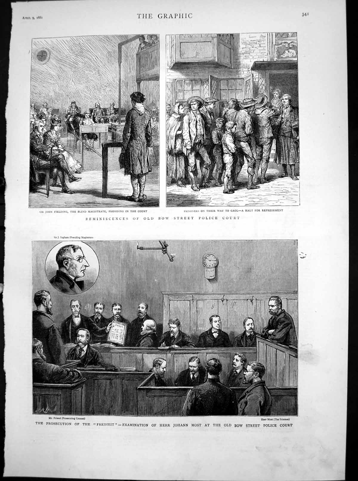 Original Old Antique Print Bow Street Police Court Herr Johann Freiheit 1881