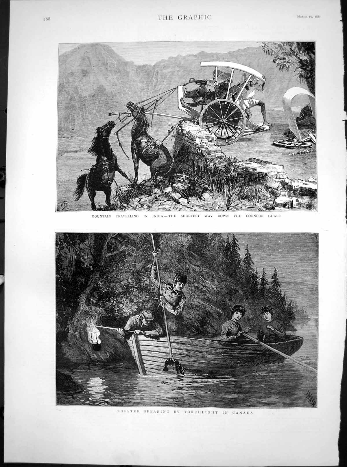 Antique Print Mountain Travelling India Lobster Spearing Torch Canada 1881 19th