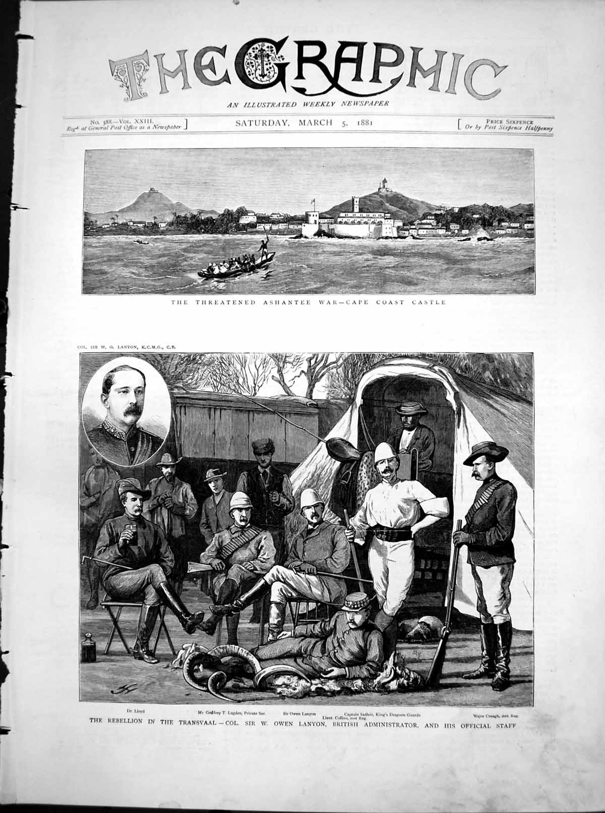 Antique Old Print Cape Coast Castle Rebellion Transvaal Col Lanyon Staff 1881