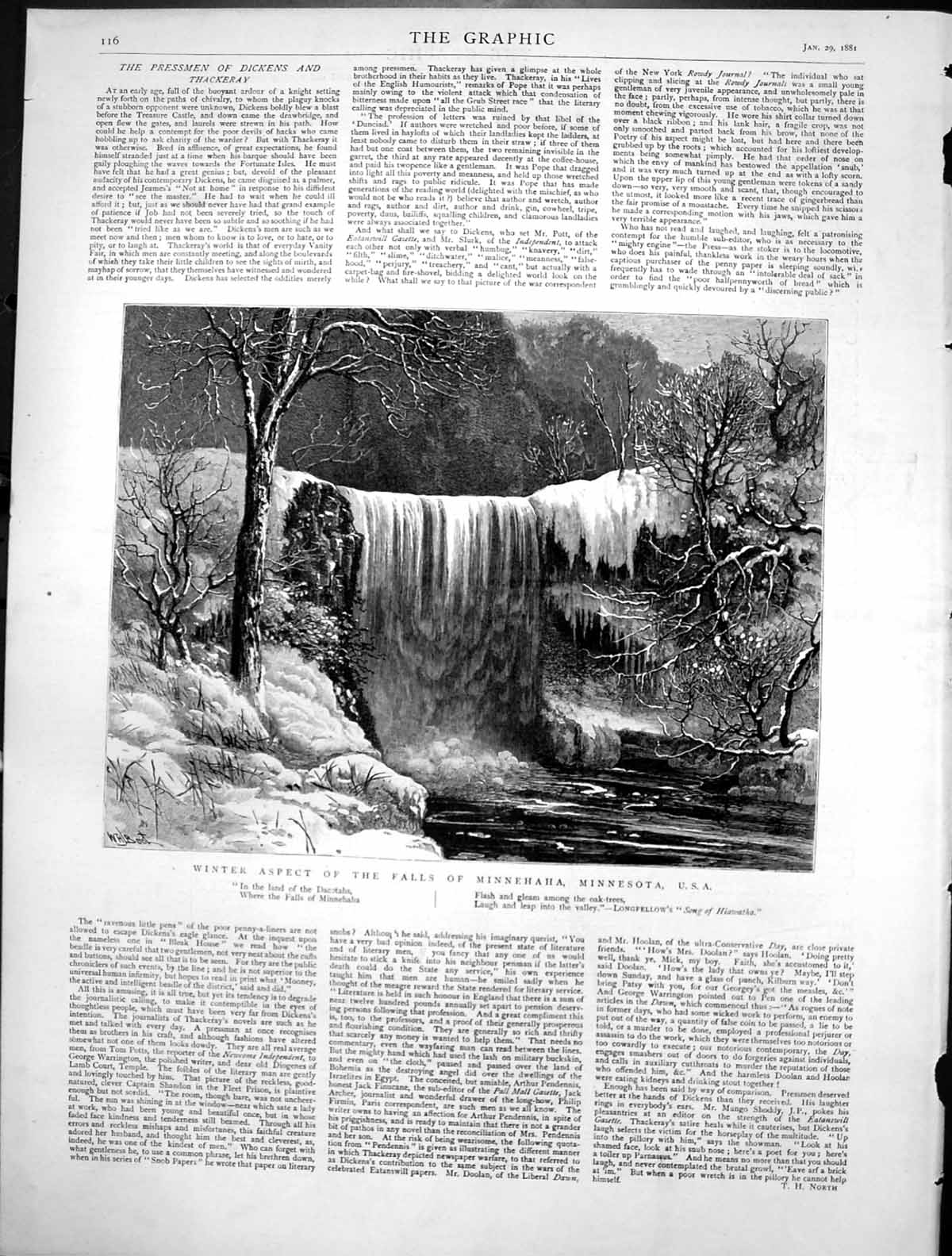 Original Old Antique Print Winter Aspect Falls Minnehaha Minnesota U S A 1881
