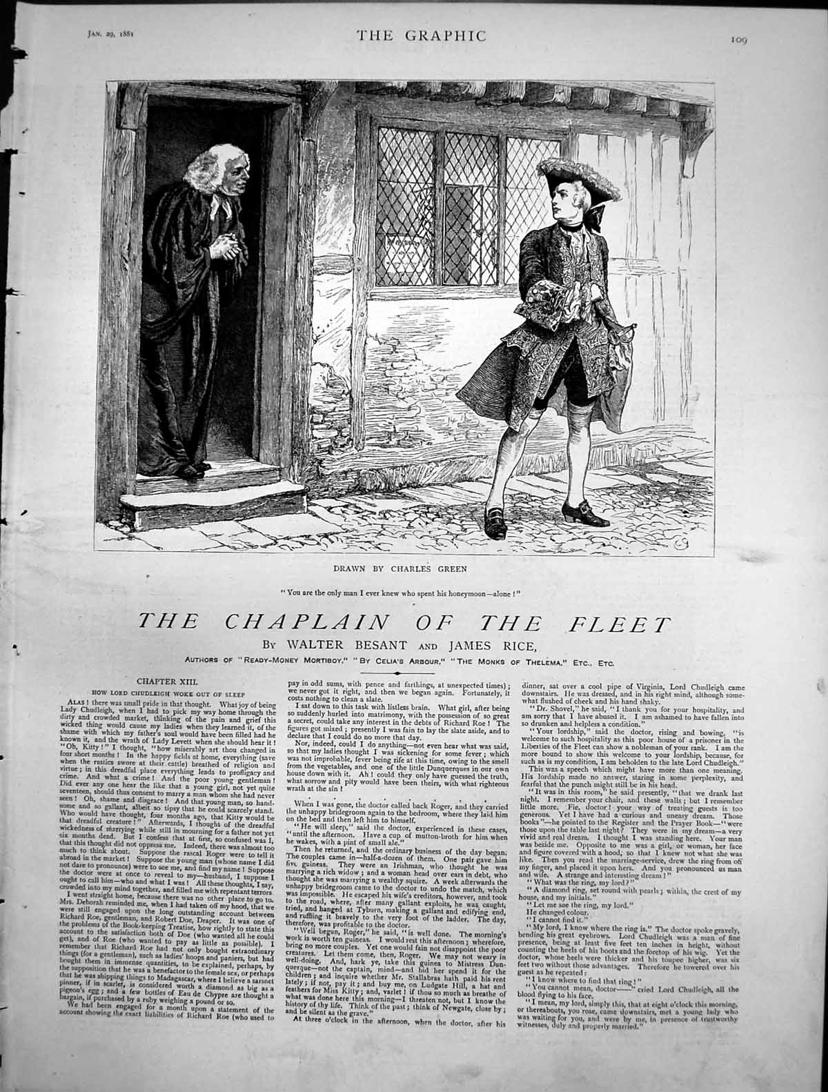 Antique Old Print Chaplain Fleet Charles Green Man Spend Honeymoon Alone 1881