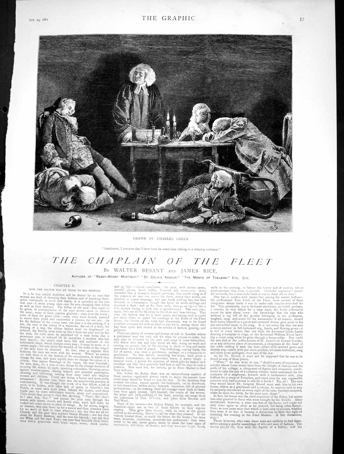 Old Print Chaplain Fleet Charles Green Man Talking Sleeping Audience 1881 19th
