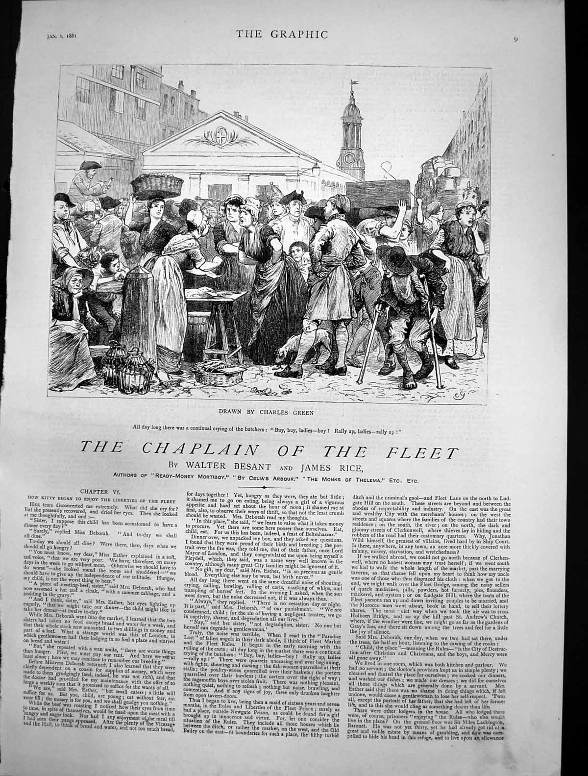 Antique Print Chaplain Fleet Charles Green Crying Butchers Buy Ladies 1881 19th