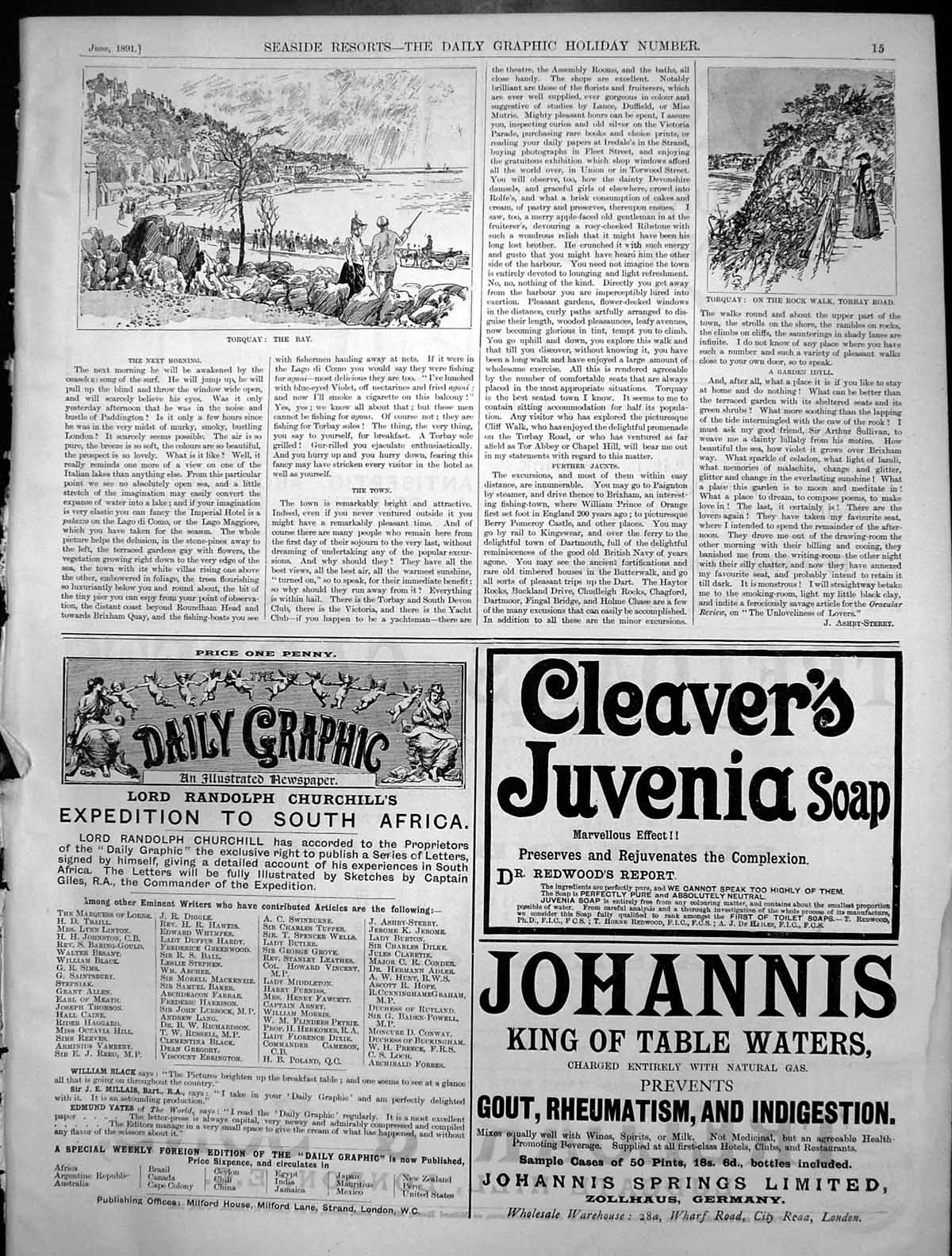 Antique Print Torquay Bay Rock Walk Torbay Road Cleavers Juvenia Soap 1891 19th