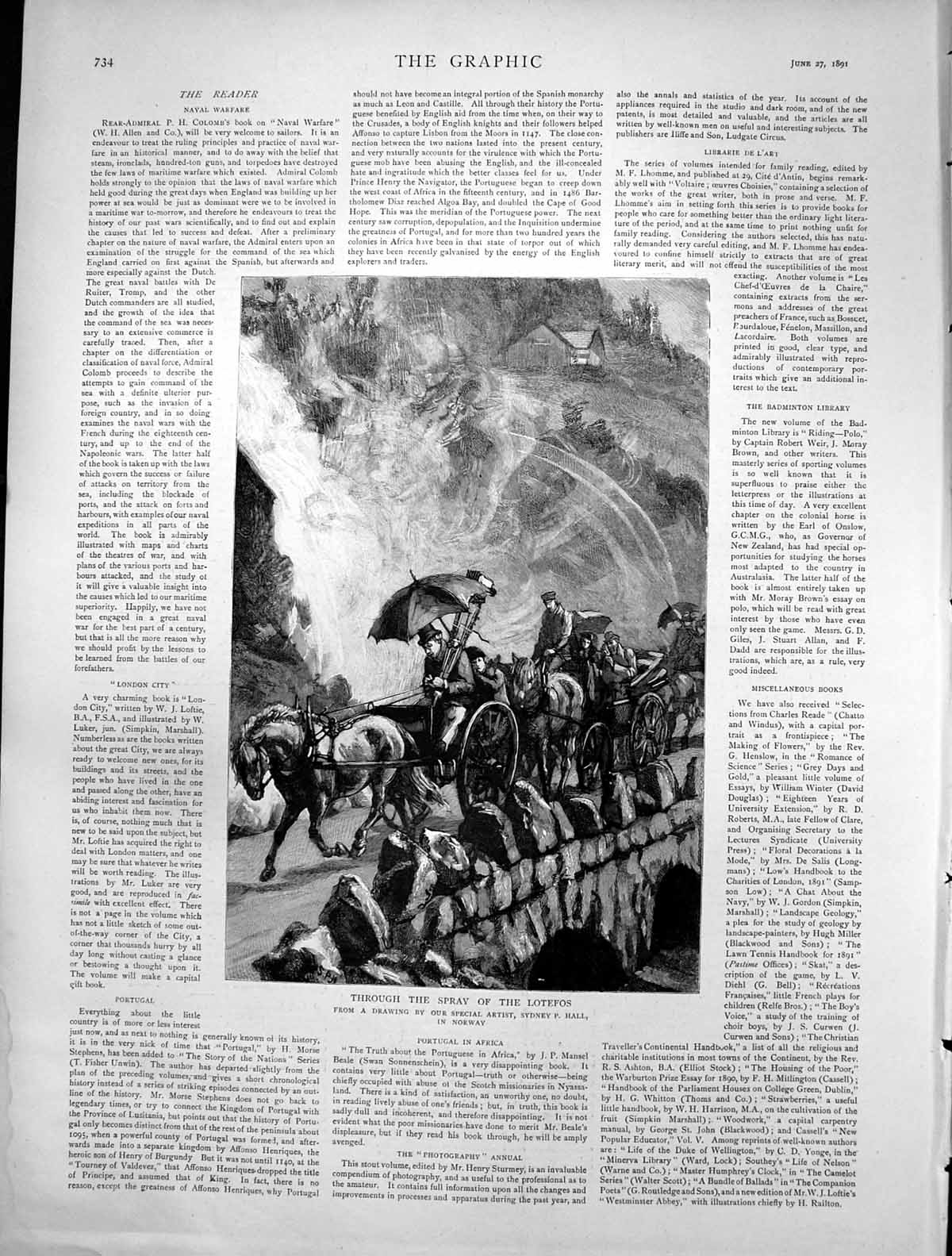 Antique Print Through Spray Lotefos Norway Sydney Hall Horse Carriage 1891 19th